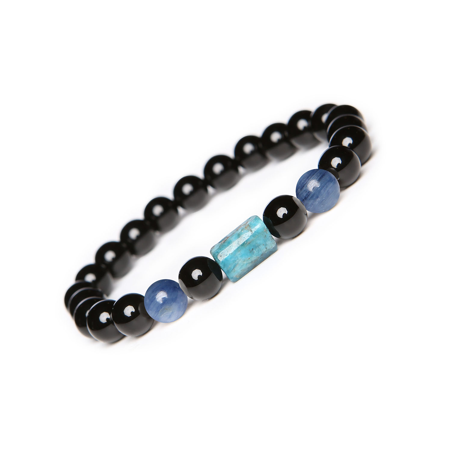 Laeri - bransoletka na gumce z kyanitem, apatitem i onyksami dla każdej płci Bransoletka Laeri z kamieniami kyanit, apatyt i onyks, doskonały dodatek do każdej stylizacji dla kobiet i mężczyzn.