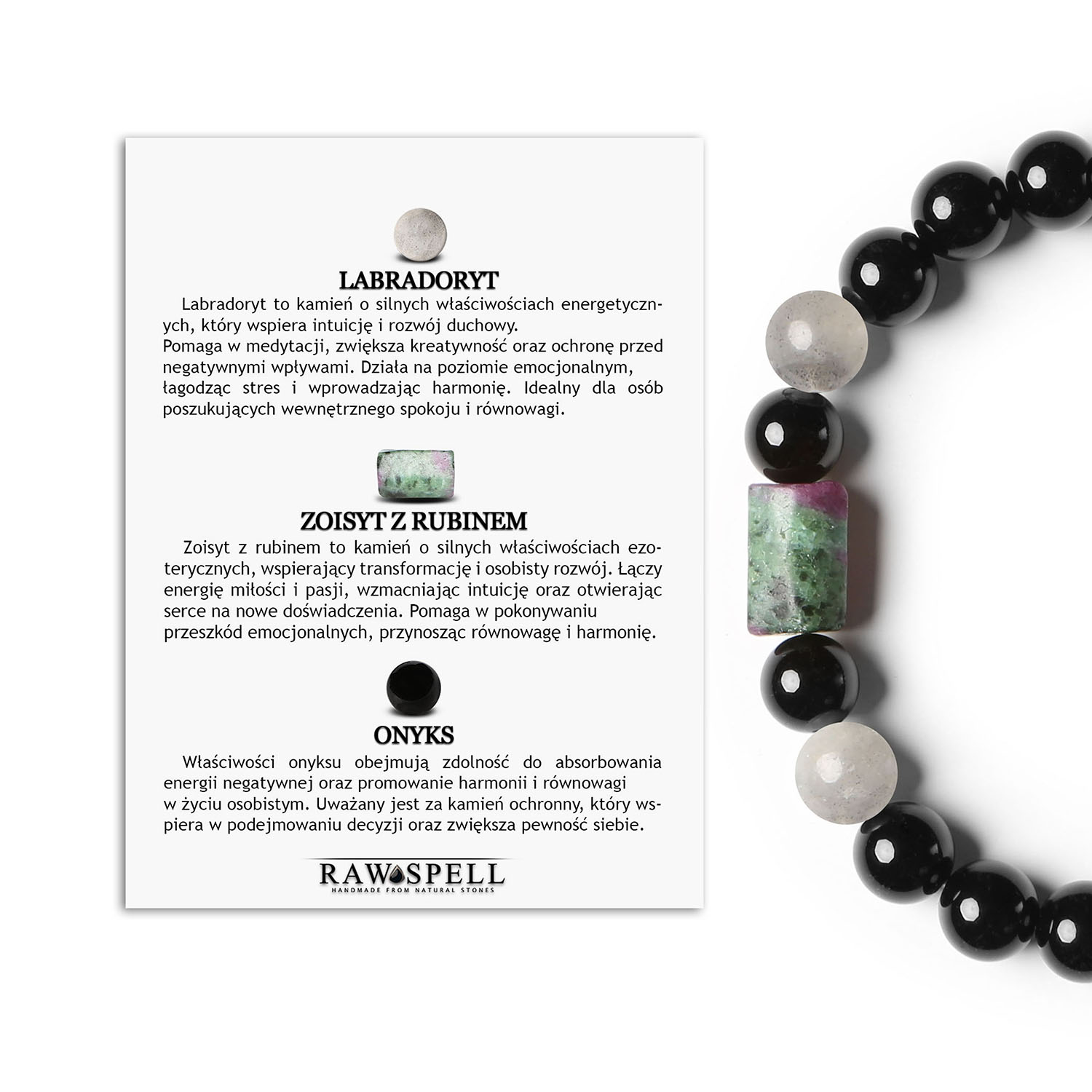 Laeri bransoletka na gumce z labradorytem, zoisyt z rubinem oraz onyksem, idealna dla obu płci Bransoletka Laeri na gumce z naturalnych kamieni: labradoryt, zoisyt z rubinem i onyks, stworzona z myślą o kobietach i mężczyznach.