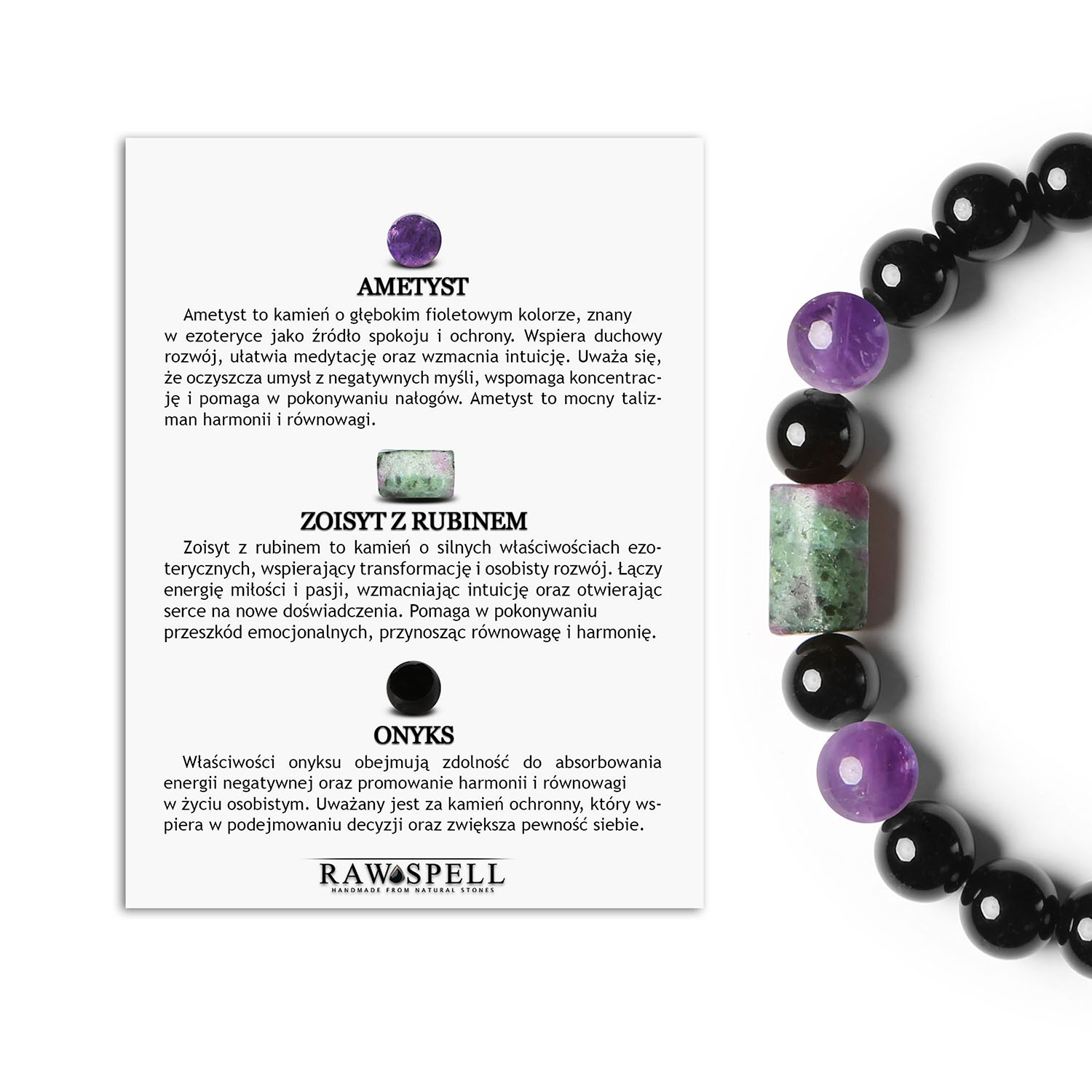 Laeri bransoletka na sznurku z ametystem, zoisyt z rubinem i onyksami, doskonała dla obu płci Elegancka bransoletka Laeri z naturalnych kamieni: ametyst, zoisyt z rubinem i onyks, dostępna dla kobiet i mężczyzn.