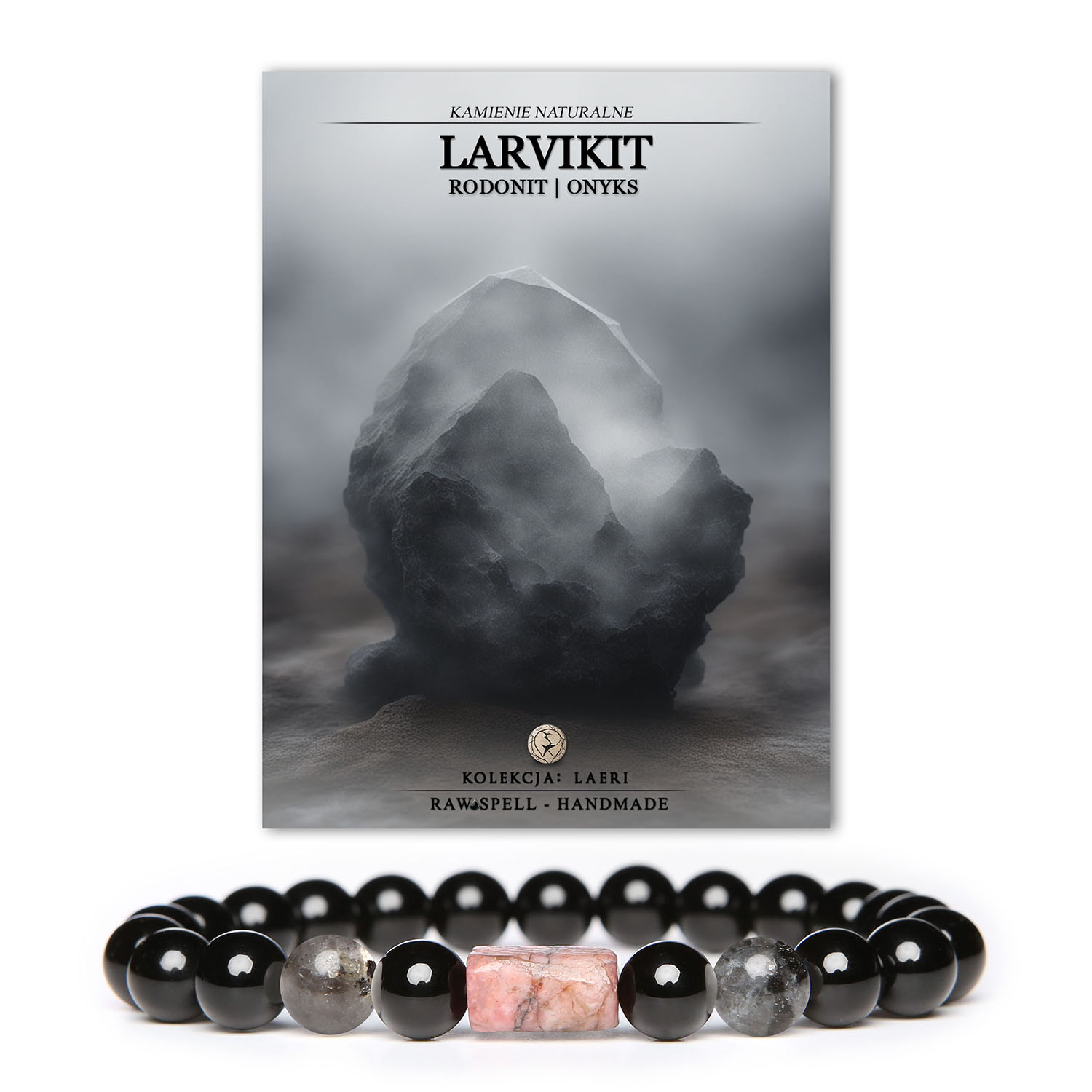 Stylowa bransoletka Laeri z kamieniami naturalnymi: larvikit, różowy rodonit oraz onyks, przeznaczona dla kobiet i mężczyzn.