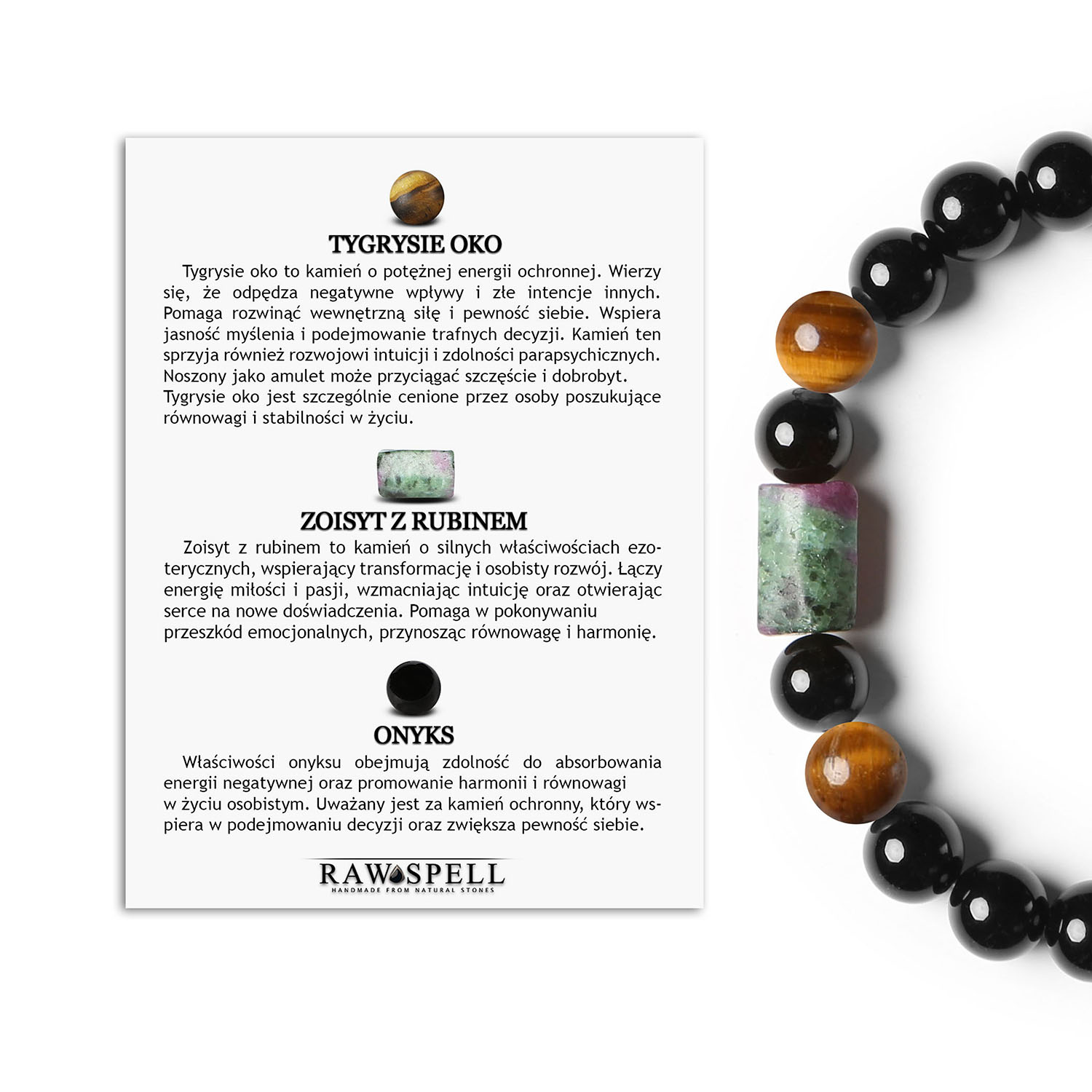 Laeri - bransoletki dla kobiet i mężczyzn - tygrysie oko wraz z kamieniami zoisyt z rubinem i onyks Stylowa bransoletka na gumce z kolekcji Dla Kobiet i Mężczyzn, wykonana z Tygrysiego Oka, Zoisytu z Rubinem i Onyksu.