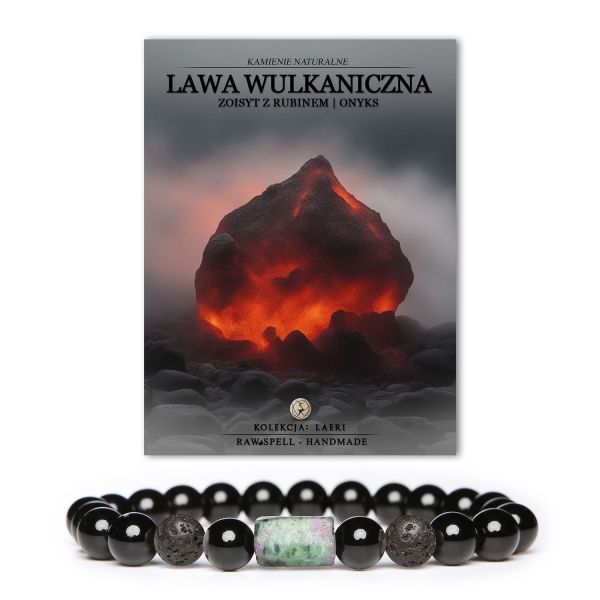 Bransoletka Laeri na gumce z kolekcji Dla Kobiet i Mężczyzn, wykonana z naturalnych kamieni: lawy wulkanicznej, zoisytu z rubinem i onyksu.