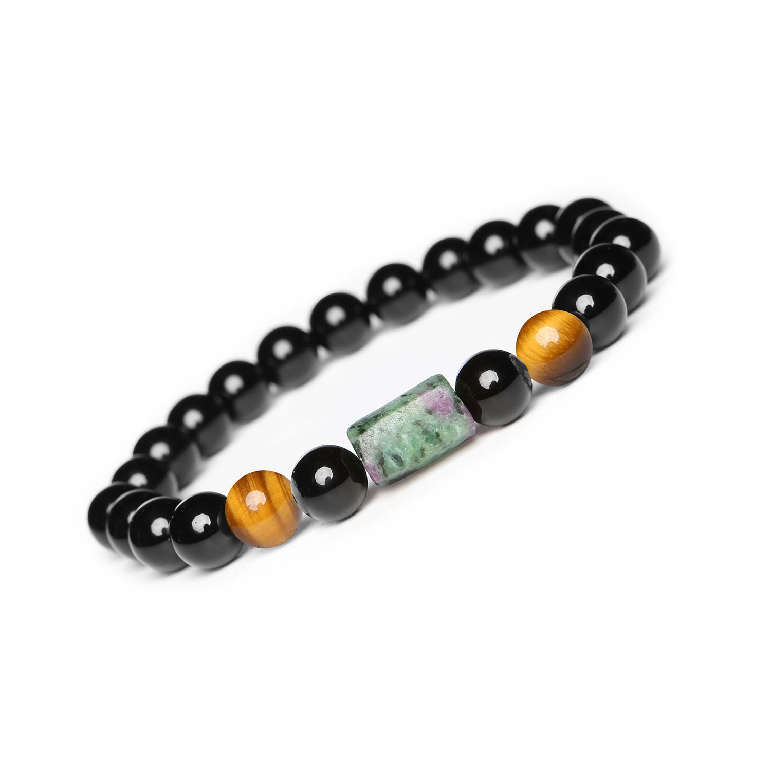 Laeri - kolekcja dla kobiet i mężczyzn - bransoletka z gumki z tygrysimi oczami, zoisytem z rubinem i onykiem. Bransoletka Laeri z gumki, kamienie naturalne: Tygrysie Oko, Zoisyt z Rubinem, Onyks - elegancki dodatek dla kobiet i mężczyzn.