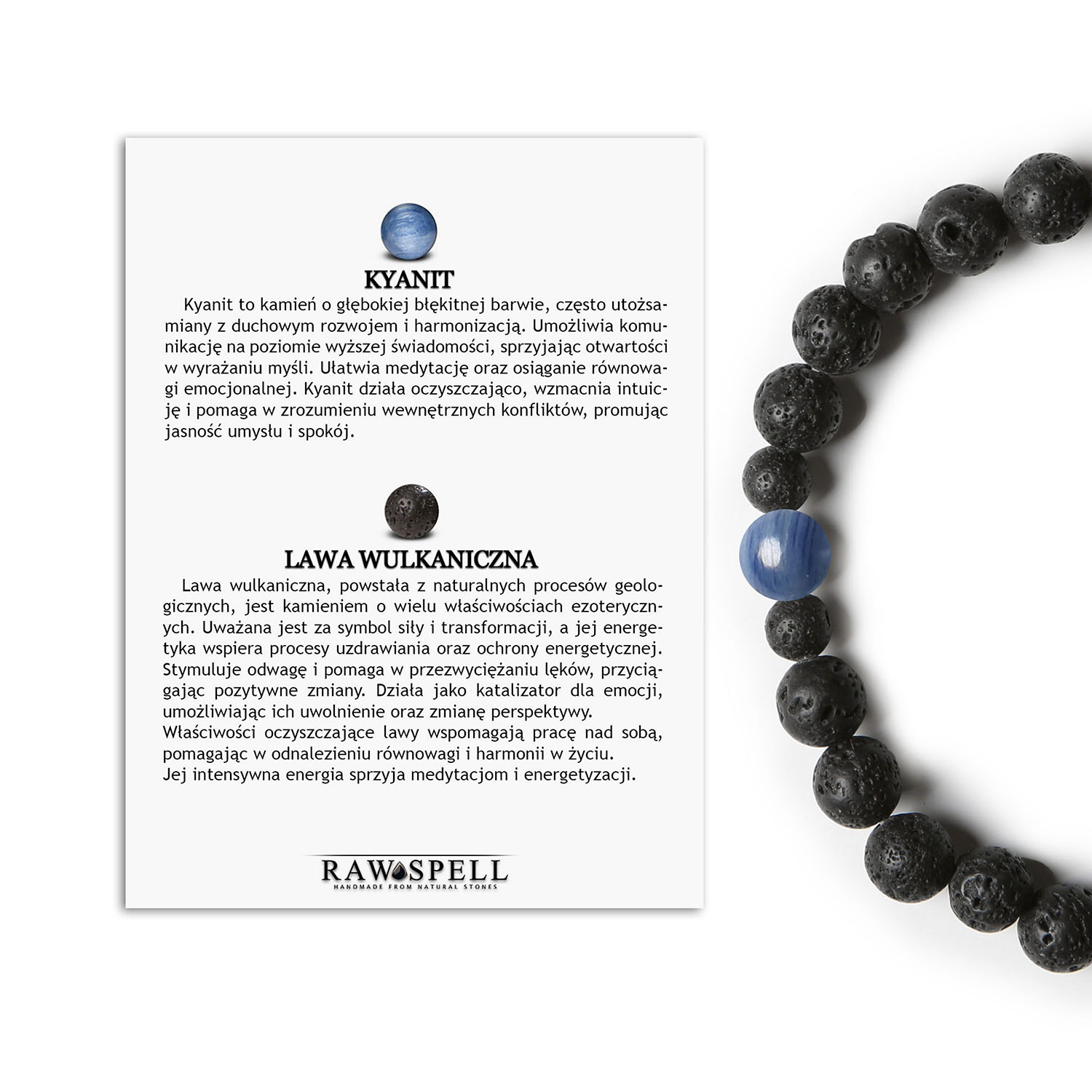 Modna bransoletka Binthe z lawą wulkaniczną i kyanitem, doskonała zarówno dla kobiet, jak i mężczyzn Stylowa bransoletka Binthe z naturalnych kamieni - kyanit i lawa wulkaniczna, unisex.