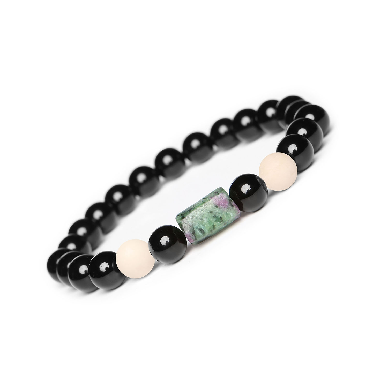 Modna bransoletka Laeri z gumką, kamieniem rzecznym oraz zoisytami z rubinem i onyksami dla każdego Bransoletka z naturalnymi kamieniami w szklanej gumce Laeri - Zoisyt i Rubin oraz Onyks, kamień rzeczny