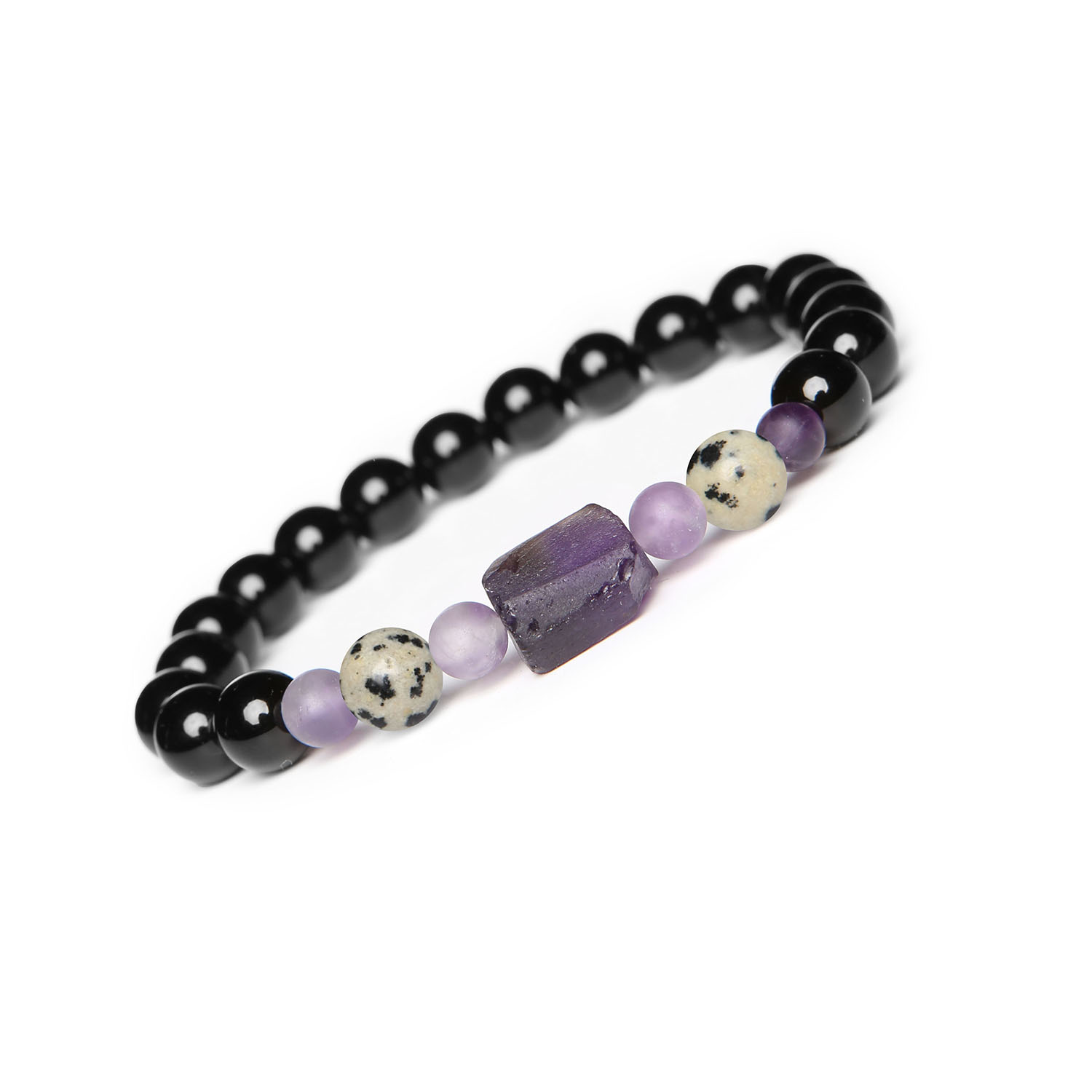 Modna bransoletka na gumce Kema z Jaspisem Dalmatyńskim, Ametystem i Onyksem dla każdego Stylowa bransoletka z kolekcji Kema, ozdobiona jaspisem dalmatyńskim, ametystem i onyksami - dla każdego, kto ceni naturalne piękno.