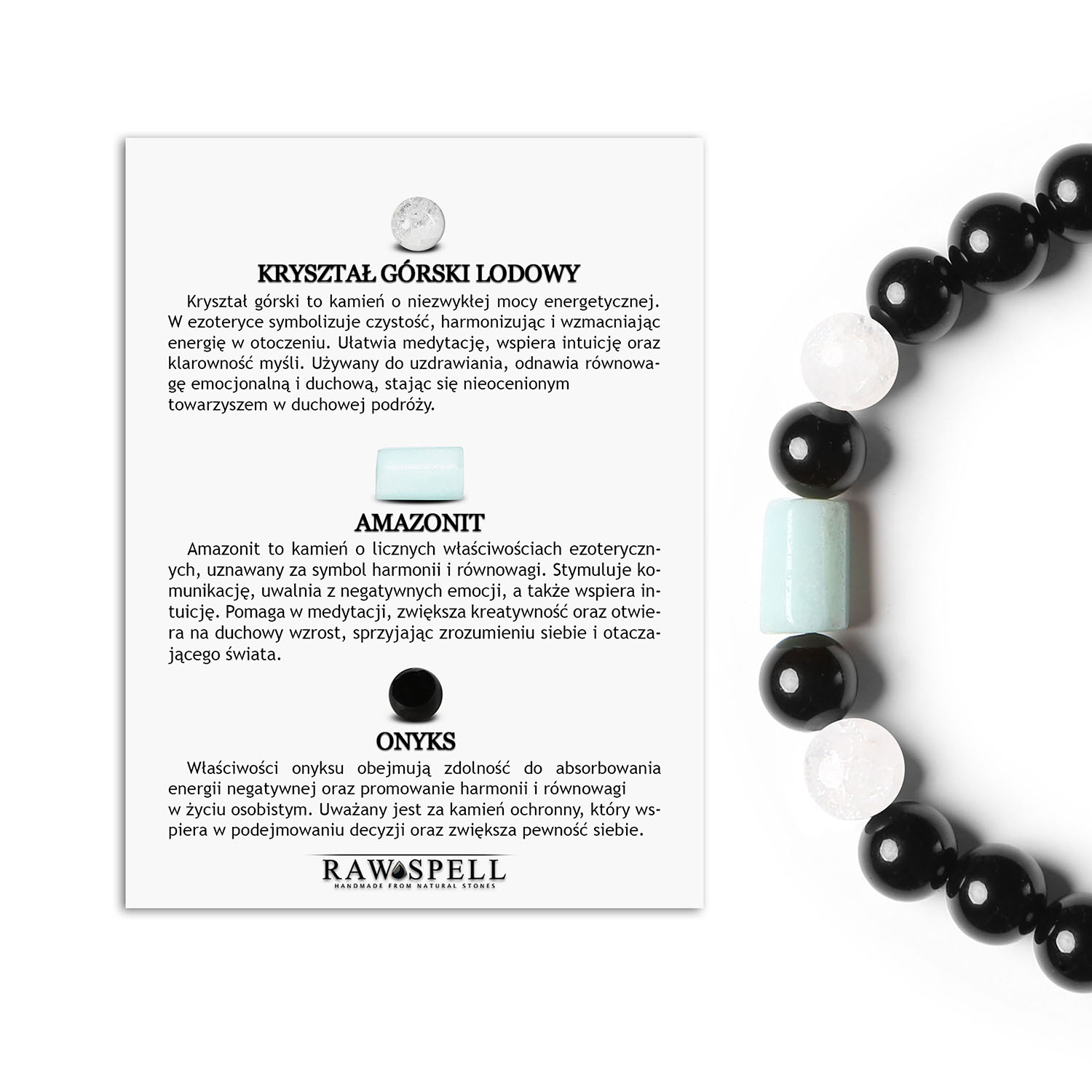 Modna bransoletka na gumce Laeri z Kryształem Górskim Lodowym, Amazonitem oraz Onyksami, doskonała dla Kobiet i Mężczyzn Bransoletka kamieniami naturalnymi Laeri, kolekcja dla kobiet i mężczyzn