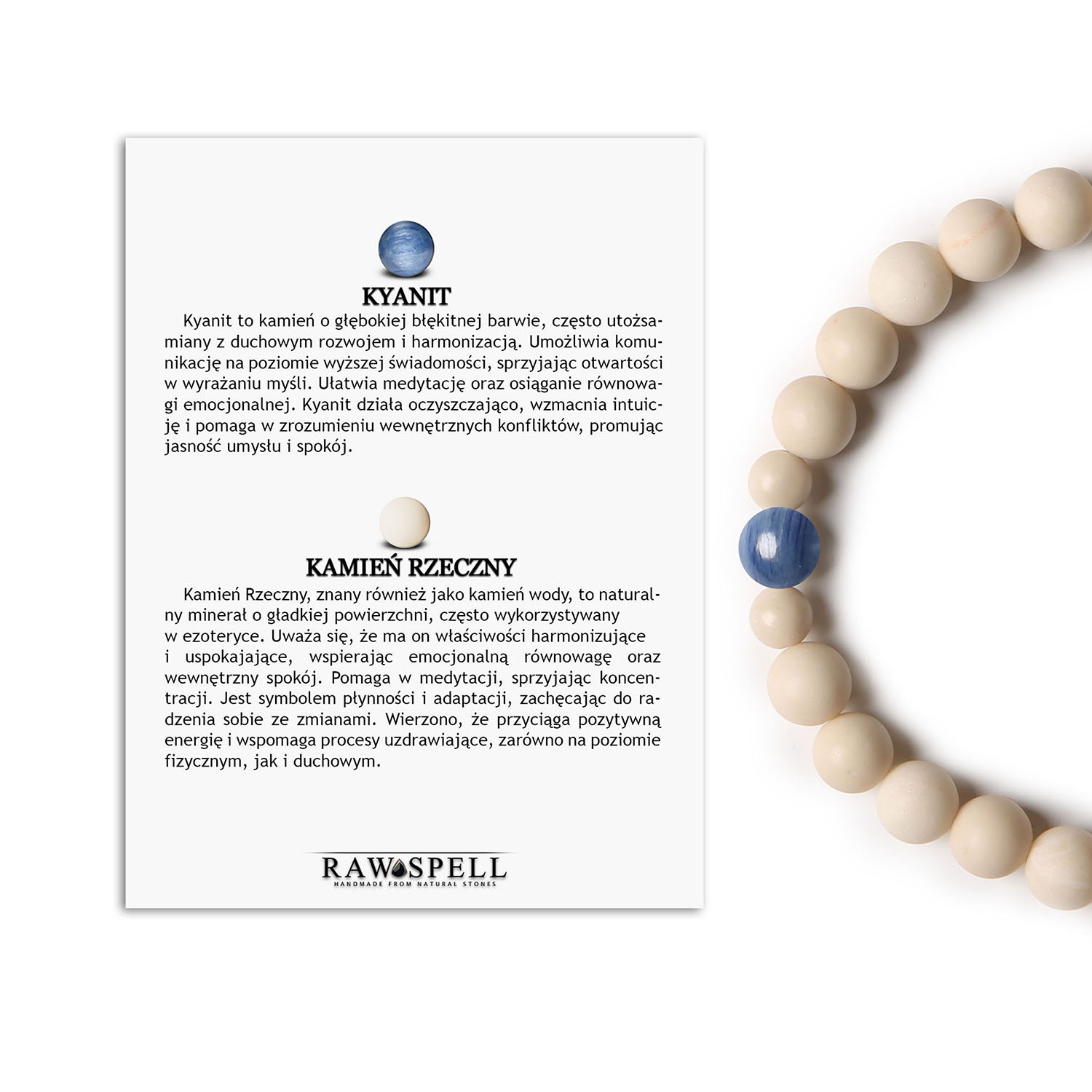 Modna bransoletka na gumce z kolekcji Binthe, ozdobiona kyanitem i kamieniem rzecznym, uniwersalna dla obu płci Elegancka bransoletka z naturalnych kamieni - kyanitu i kamienia rzecznego, dostępna w kolekcji Binthe, uniwersalna dla obu płci.