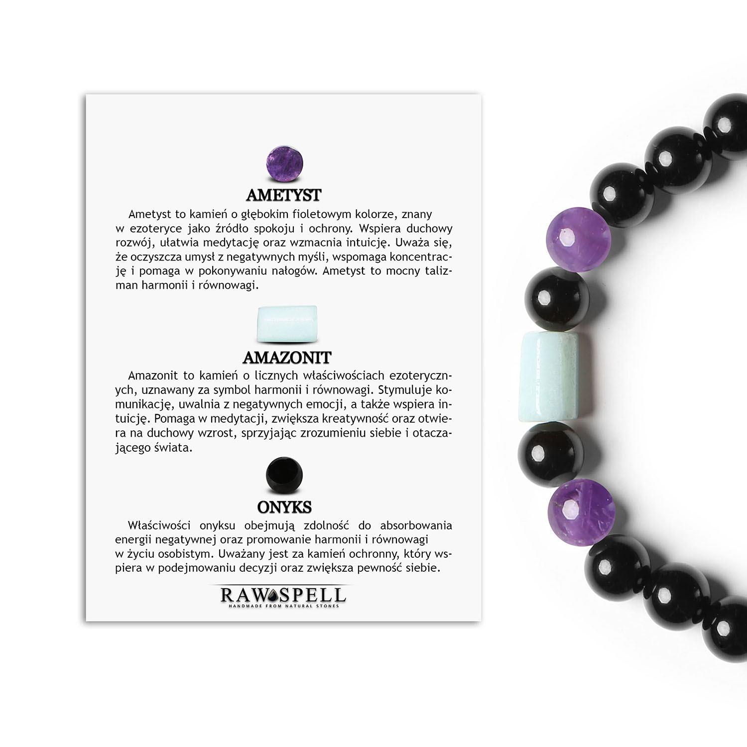 Modna bransoletka na gumce z kolekcji Laeri, wykorzystująca ametyst, amazonit i onyks dla każdego Kolekcja Laeri - stylowa bransoletka z kamieniami naturalnymi: Ametyst, Amazonit, Onyks, dla kobiet i mężczyzn