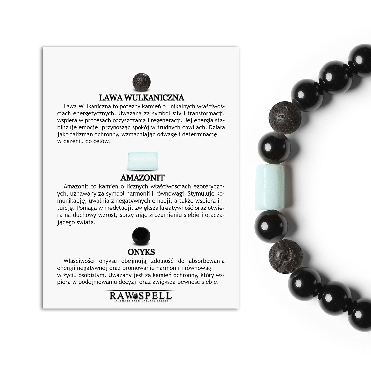 Modna bransoletka na gumce z kolekcji Laeri, zawierająca lawę wulkaniczną, amazonit i onyks, idealna dla każdego Niezwykła Harmonia: Odkryj piękno naturalnego piękna z kolekcji Laeri. Bransoletka składa się z pięknych kamieni, takich jak Amazonit, Onyks i Lawa Wulkaniczna. Doskonała dla tych, którzy cenią sobie unikalność.