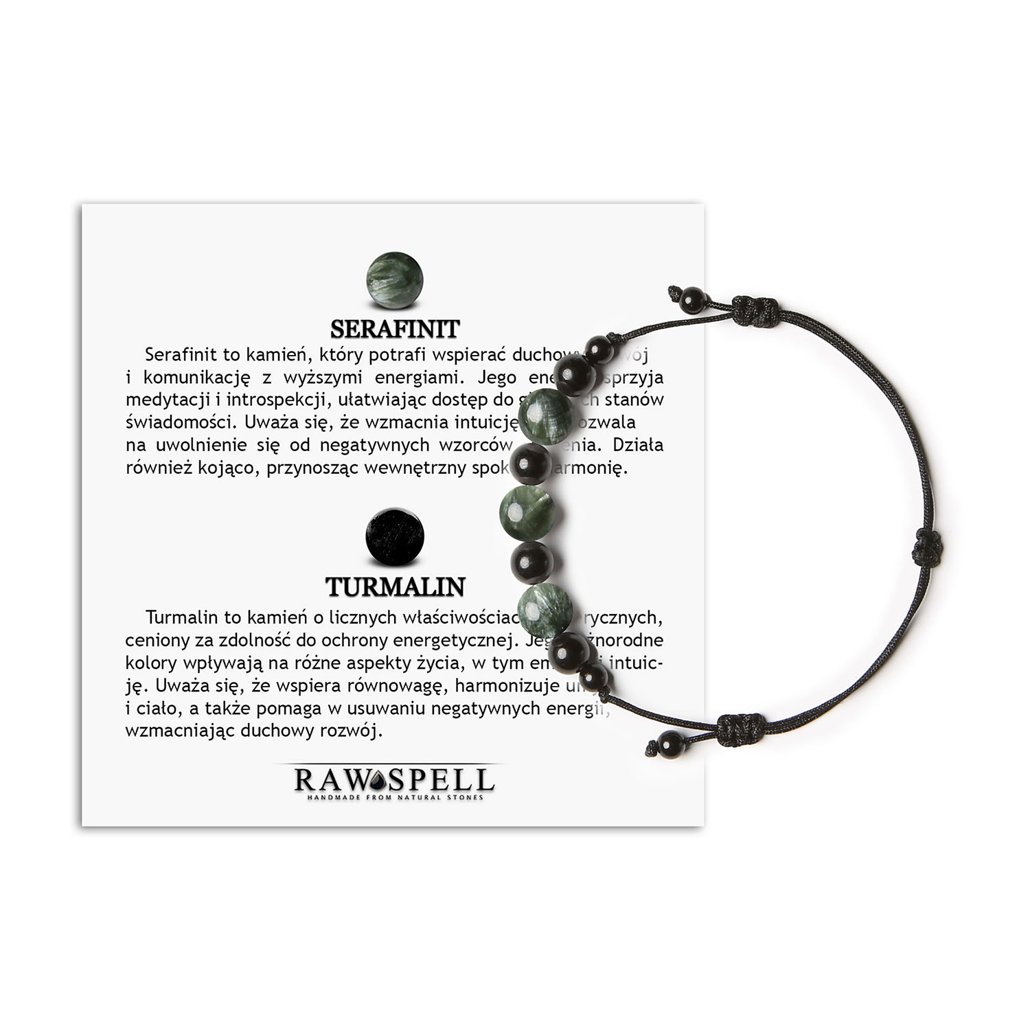 Modna bransoletka na sznurku Haka z serafinitu i turmalinu, idealna dla kobiet i mężczyzn Stylowa bransoletka z kolekcji Haka, ozdobiona kamieniami serafinit i turmalin, odpowiednia dla każdego, zarówno dla kobiet, jak i mężczyzn.