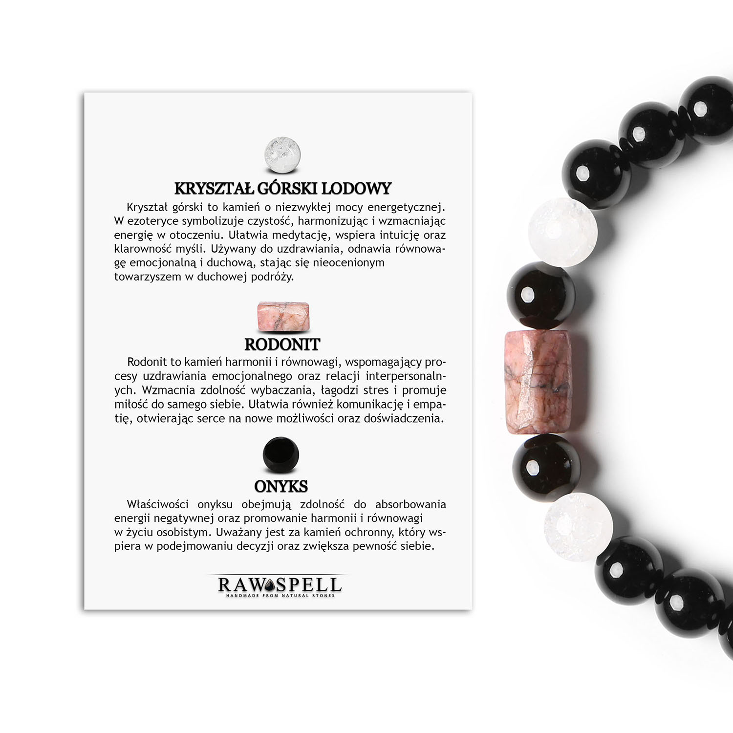 Modna bransoletka na sznurku Laeri z Kryształem Górskim, Rodonitem i Onyksami idealna dla kobiet i mężczyzn Bransoletka Laeri z naturalnymi kryształami: Lodowy Kryształ Górski, różowy Rodonit i Onyks, odpowiednia dla każdego, niezależnie od płci.