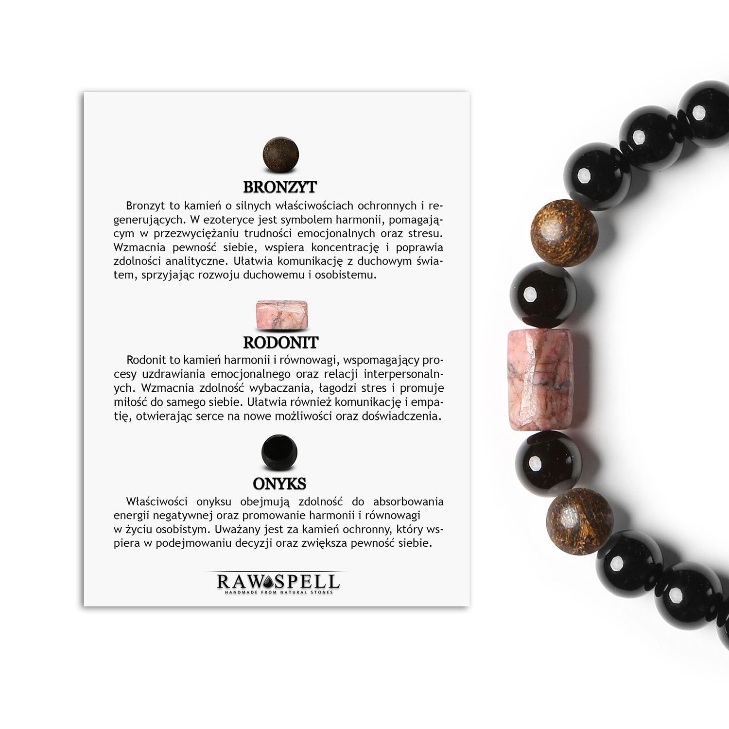 Modna bransoletka na sznurku Laeri z bronzytem, różowym rodonitem oraz onyksem, stworzona z myślą o kobietach i mężczyznach Elegancka bransoletka Laeri z kamieniami naturalnymi: bronzyt, różowy rodonit i onyks – uniwersalny dodatek dla każdego.