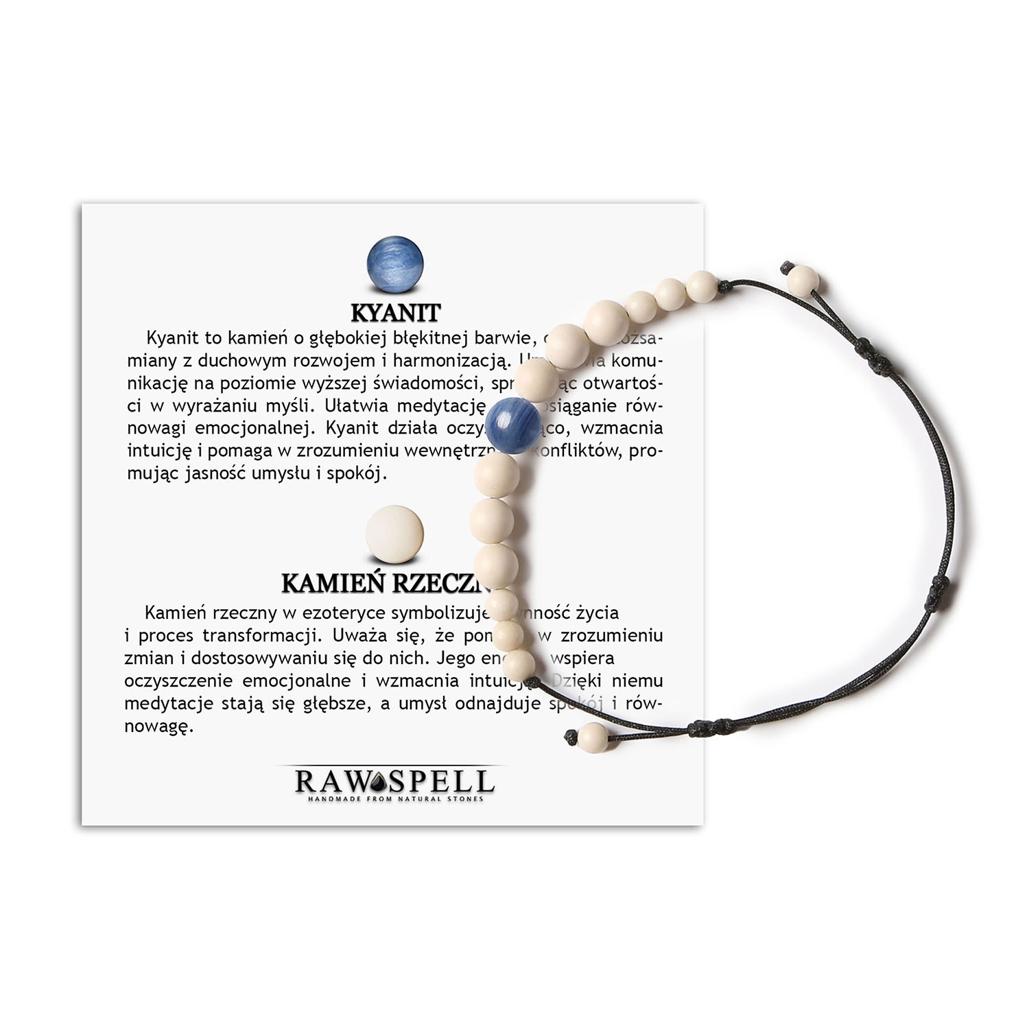 Modna bransoletka na sznurku z kolekcji Jaue, zawierająca Kyanit i Kamień Rzeczny, idealna dla wszystkich Stylowa bransoletka z kamieni naturalnych - kyanitu i kamienia rzecznego, z kolekcji Jaue, dedykowana zarówno kobietom, jak i mężczyznom.