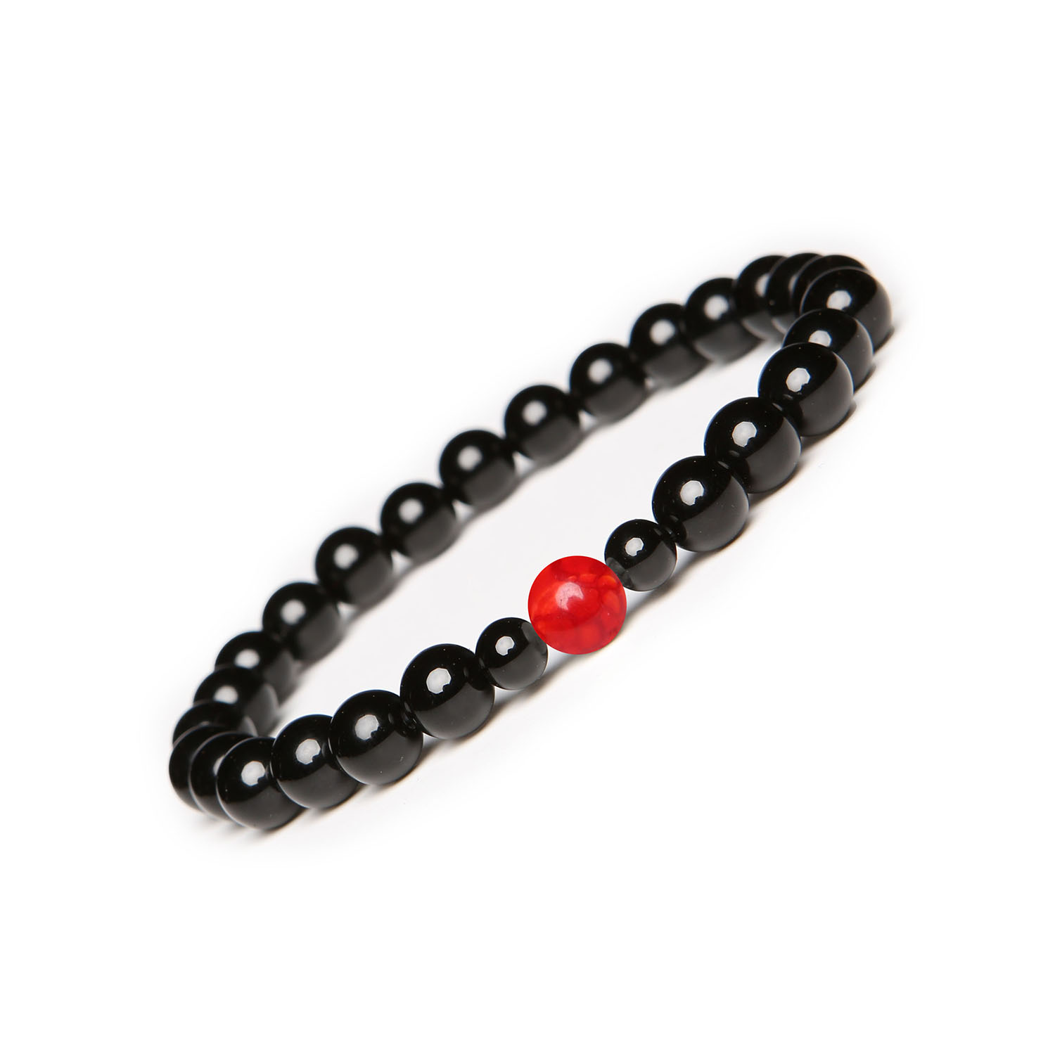 Modna bransoletka z gumki z kolekcji Binthe, Agat Czerwony Crackle i Onyks, uniwersalna dla kobiet i mężczyzn Stylowa bransoletka Binthe z czerwonym agatem crackle i onyksami, doskonały dodatek dla kobiet i mężczyzn.