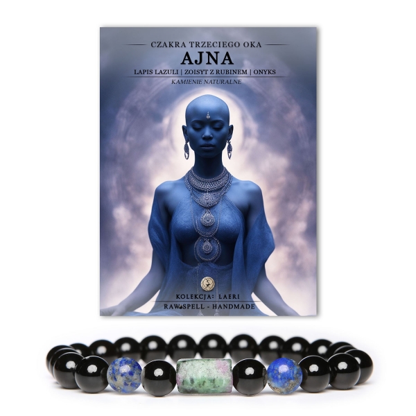 Elegancka bransoletka z kolekcji Laeri, łącząca lapis lazuli z magicznymi właściwościami kamieni takich jak zoisyt z rubinem i onyks, stworzona z myślą o harmonii ciała i umysłu.