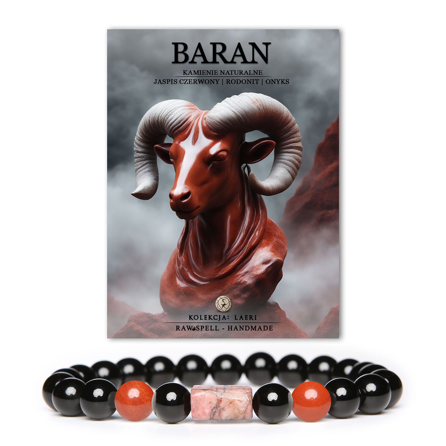 Stylowa bransoletka na gumce z kamieni naturalnych w odcieniach czerwieni i czerni, idealna dla Barana. Kolekcja Laeri z jaspisem czerwonym, rodonitem i onyksami.