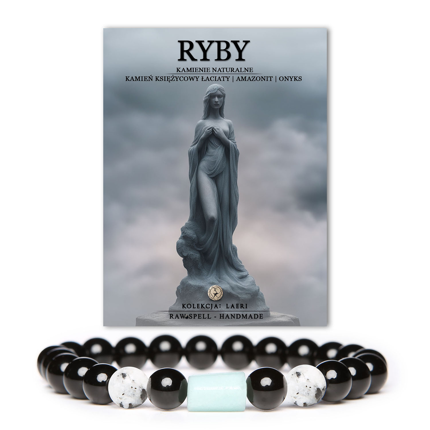 Elegancka bransoletka unisex z kolekcji Laeri, stworzona z kamieni naturalnych: kamienia księżycowego łaciatego, amazonitu i onyksu.