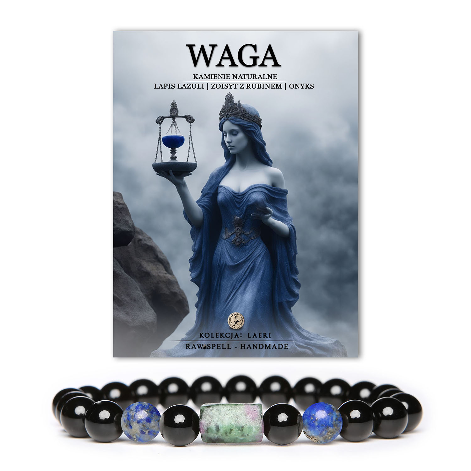 Bransoletka na gumce z naturalnych kamieni w kolekcji Laeri, prezentująca połączenie lapis lazuli, zoisytu z rubinem i onyksu, symbolizująca znak zodiaku Waga.