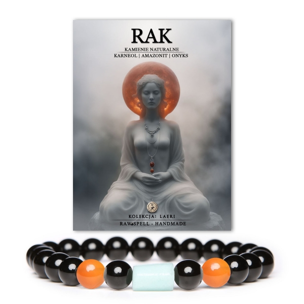 Bransoletka na gumce z naturalnych kamieni - karneol, amazonit i onyks; stylowy dodatek dla osób spod znaku Raka. Kolekcja Laeri.