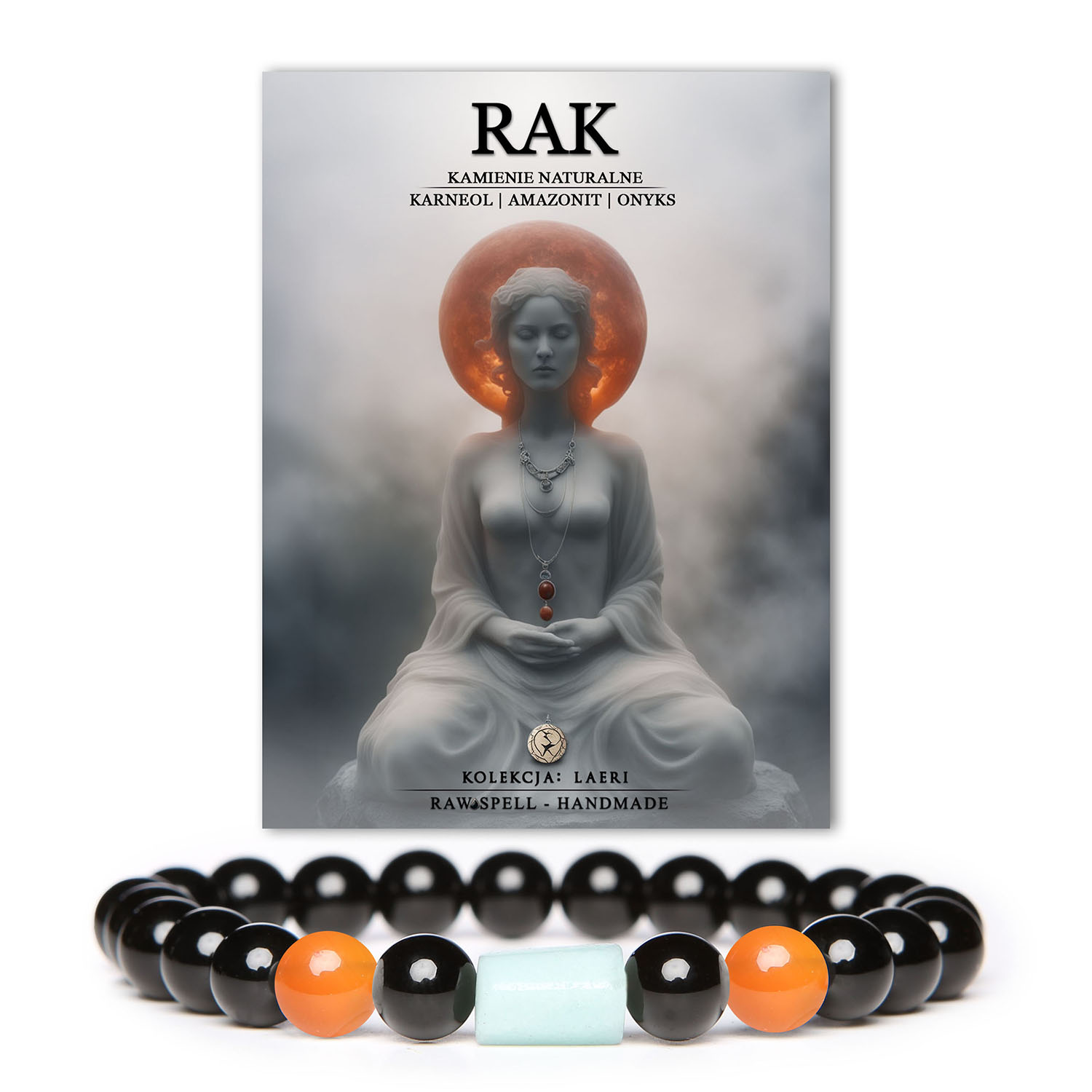 Bransoletka na gumce z naturalnych kamieni - karneol, amazonit i onyks; stylowy dodatek dla osób spod znaku Raka. Kolekcja Laeri.