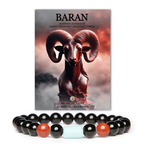 Stylowa bransoletka Barana z kamieni naturalnych: Czerwony Jaspis, Amazonit i Onyks. Doskonała na każdą okazję, dostępna w wersji damskiej i męskiej.