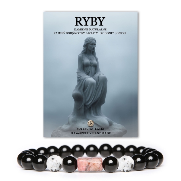 Bransoletka na gumce z naturalnych kamieni w kolekcji Laeri, z Kamieniem Księżycowym Łaciatym, Rodonitem i Onyksu, idealna dla osób spod znaku Ryb.