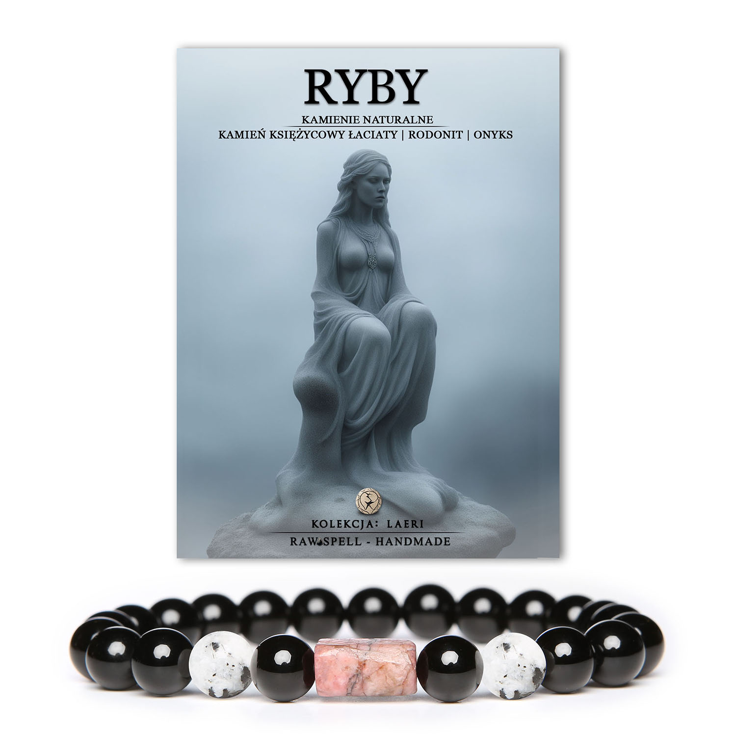 Bransoletka na gumce z naturalnych kamieni w kolekcji Laeri, z Kamieniem Księżycowym Łaciatym, Rodonitem i Onyksu, idealna dla osób spod znaku Ryb.