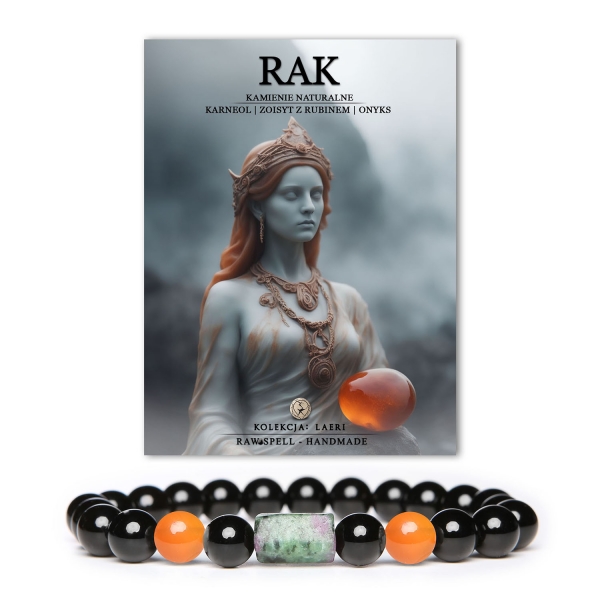 Bransoletka na gumce z kamieni naturalnych w kolorach czerwieni i zieleni, stworzona z karneolu, zoisytu z rubinem i onyksu, symbolizująca znak zodiaku Rak.