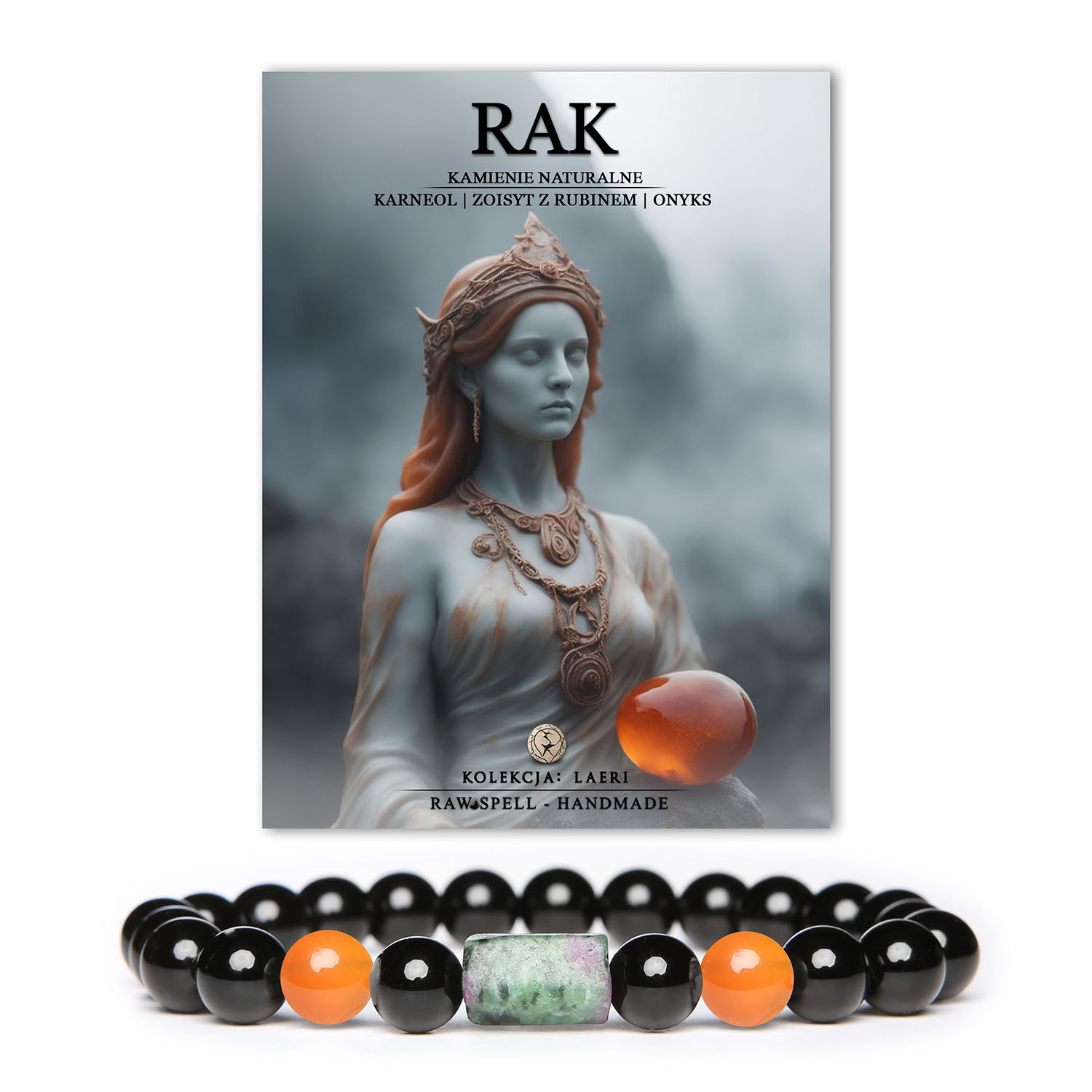 Bransoletka na gumce z kamieni naturalnych w kolorach czerwieni i zieleni, stworzona z karneolu, zoisytu z rubinem i onyksu, symbolizująca znak zodiaku Rak.