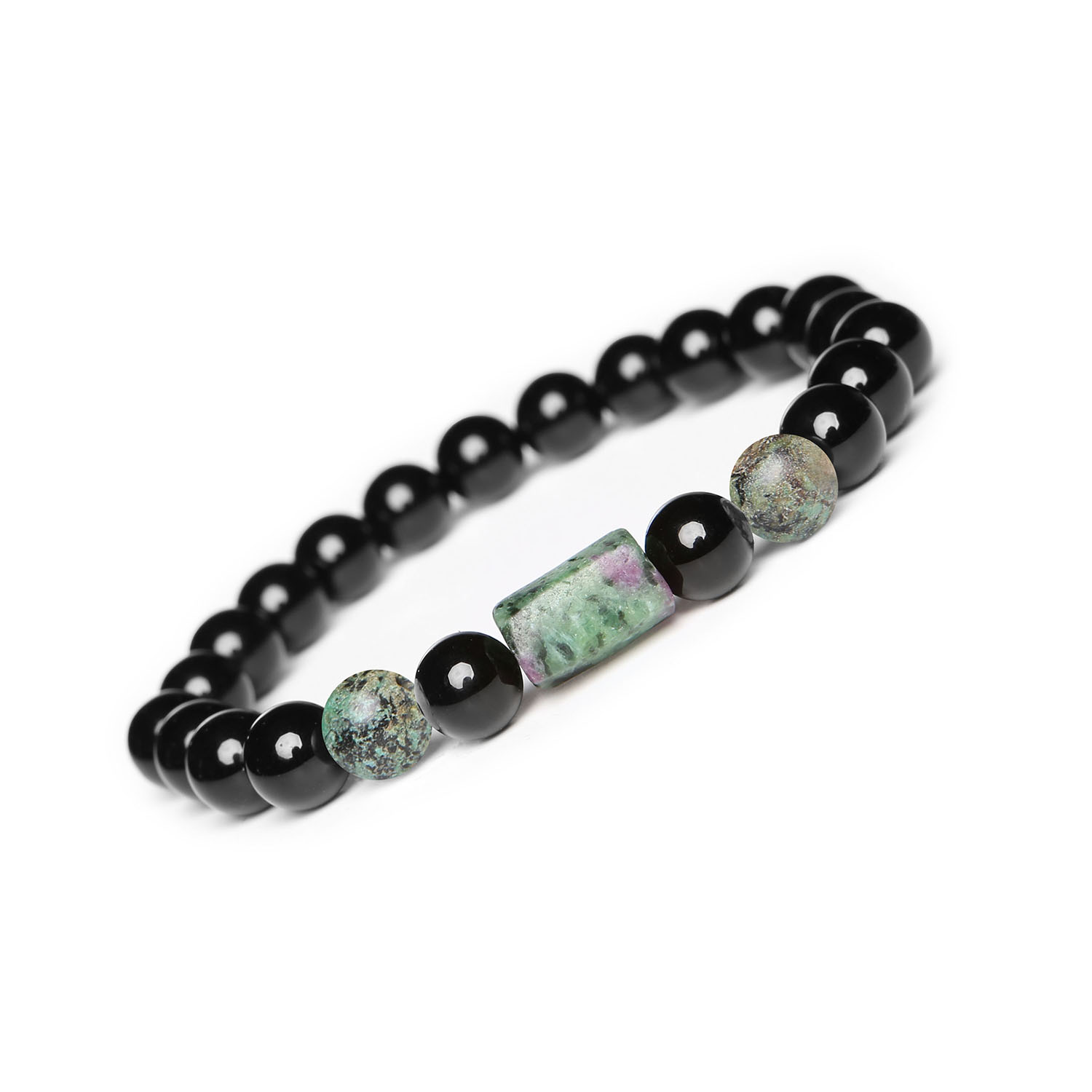 Oryginalna bransoletka na gumce Laeri, Turkus Afrykański, Zoisyt z Rubinem i Onyks, uniwersalny dodatek dla kobiet i mężczyzn Bransoletka z naturalnymi kamieniami, kolekcji dla kobiet i mężczyzn, zoisyt i rubin, gumka Laeri.