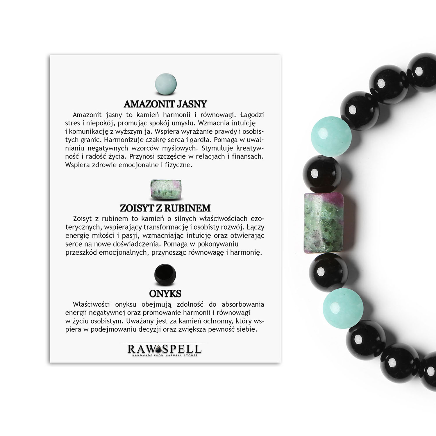 Oryginalna bransoletka na gumce Laeri z Amazonitem, Zoisite z Rubinem i Onyksu, stworzona dla kobiet i mężczyzn Bransoletka Laeri, uniwersalny model na gumce dla kobiet i mężczyzn, z naturalnymi kamieniami: amazonit jasny, zoisyt z rubinem i onyks.