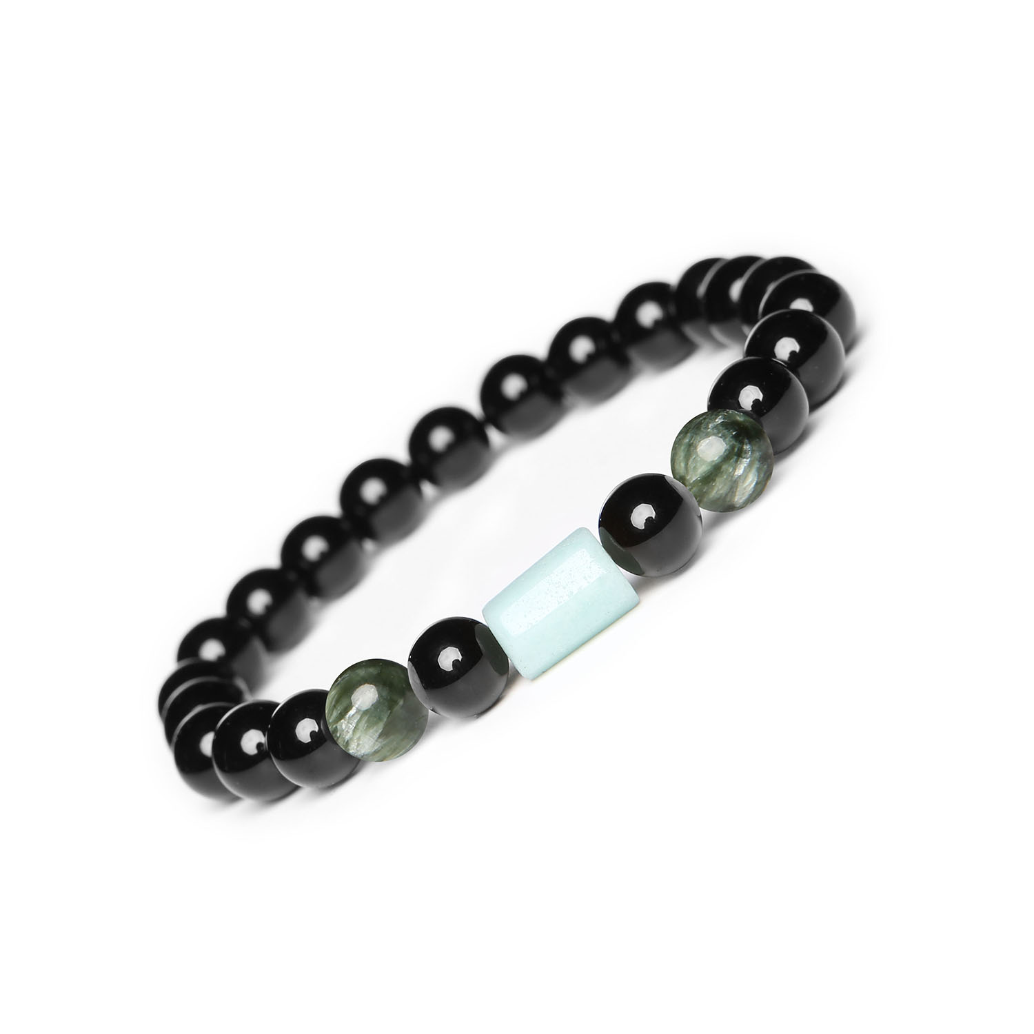 Oryginalna bransoletka na gumce Laeri z serafinitu, amazonitu i onyksu, dla każdej płci Bransoletka Laeri z naturalnymi kamieniami: serafinit, amazonit i onyks. Idealna dla kobiet i mężczyzn.