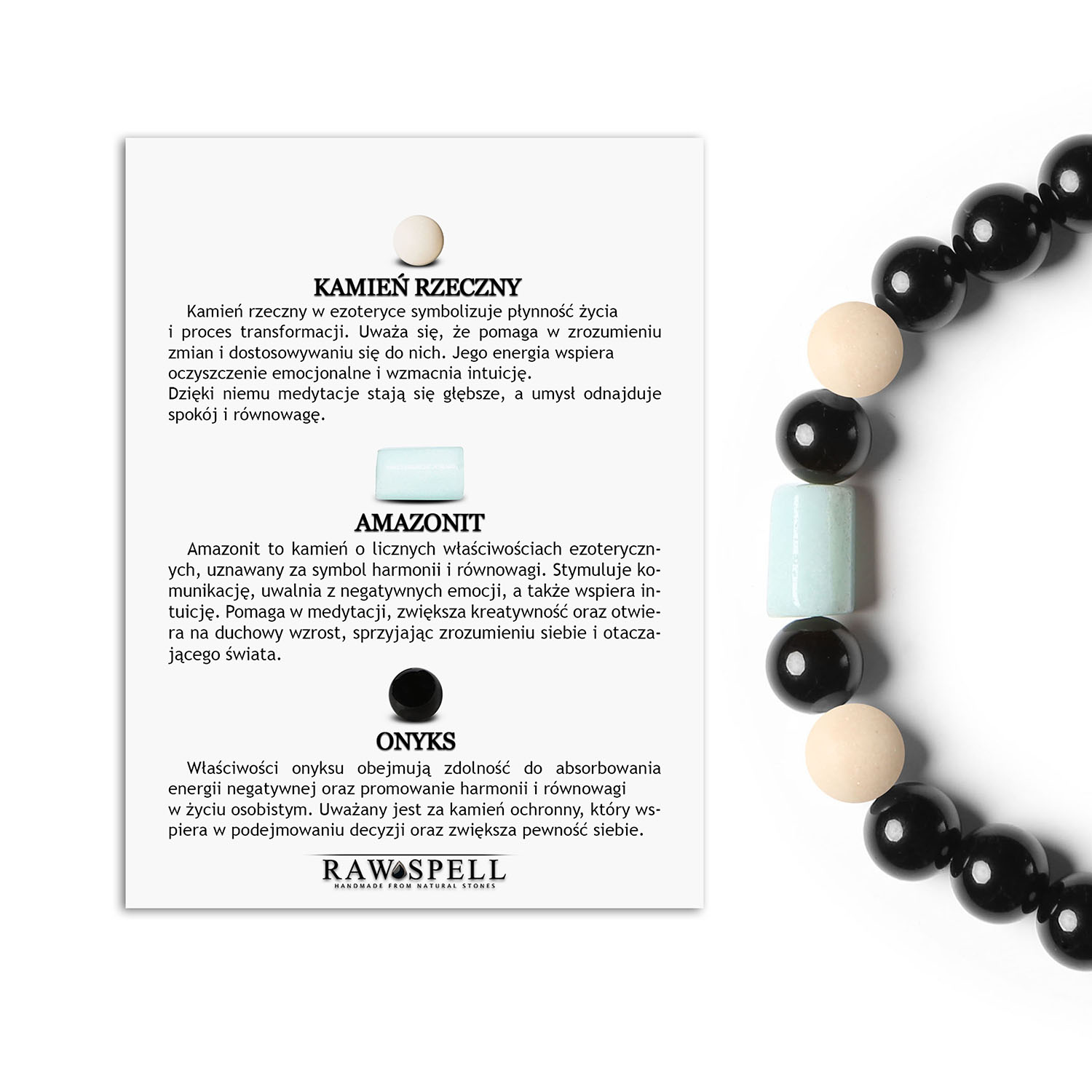 Oryginalna bransoletka na gumce z kolekcji Laeri z amazonitem, onyksami i kamieniem rzecznym, stworzona dla kobiet i mężczyzn Stylowa bransoletka z kolekcji Laeri, wykonana z kamieni naturalnych: rzeczny kamień, amazonit oraz onyks, unisex.