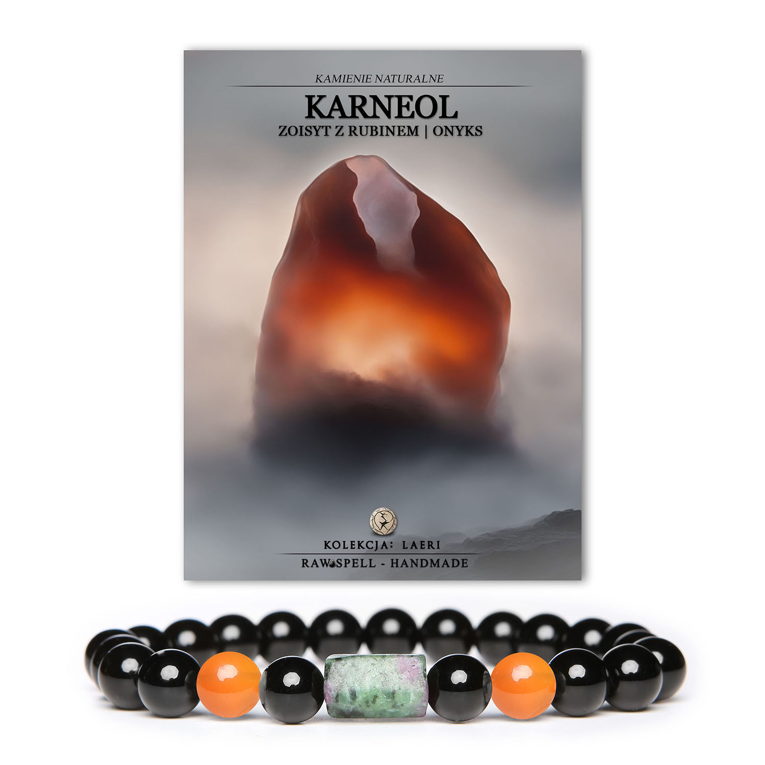 Laeri - kolekcja kamieni naturalnych. Bransoletka z karneolem, zoisytem z rubinem i onyksem, która pokaże, że elegancja i naturalnie piękne kamienie warte są uwagi.