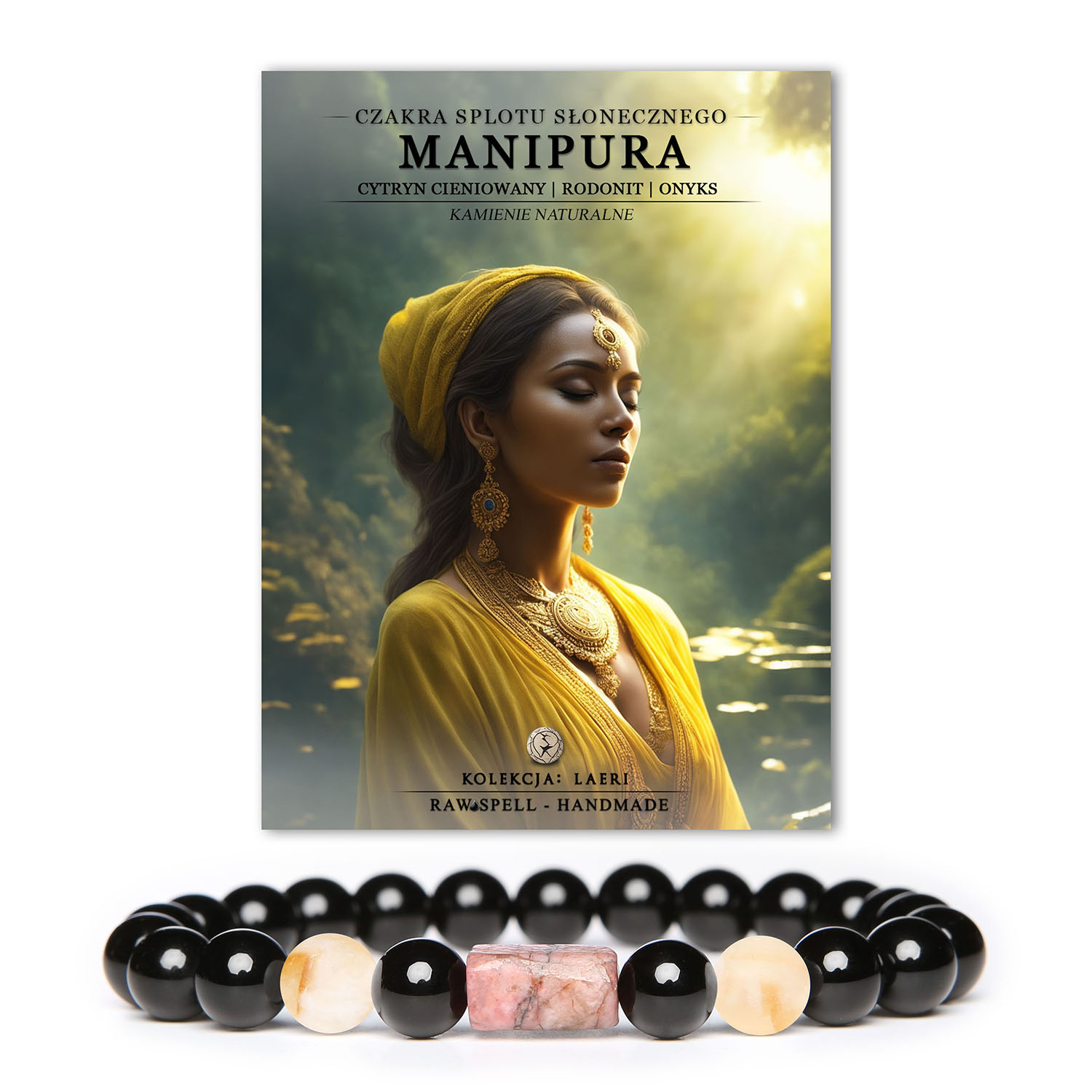 Bransoletka z naturalnych kamieni, łącząca czakra splotu słonecznego Manipura z cytrynem cieniowanym oraz rodonitem i onyksem w eleganckim stylu Laeri.