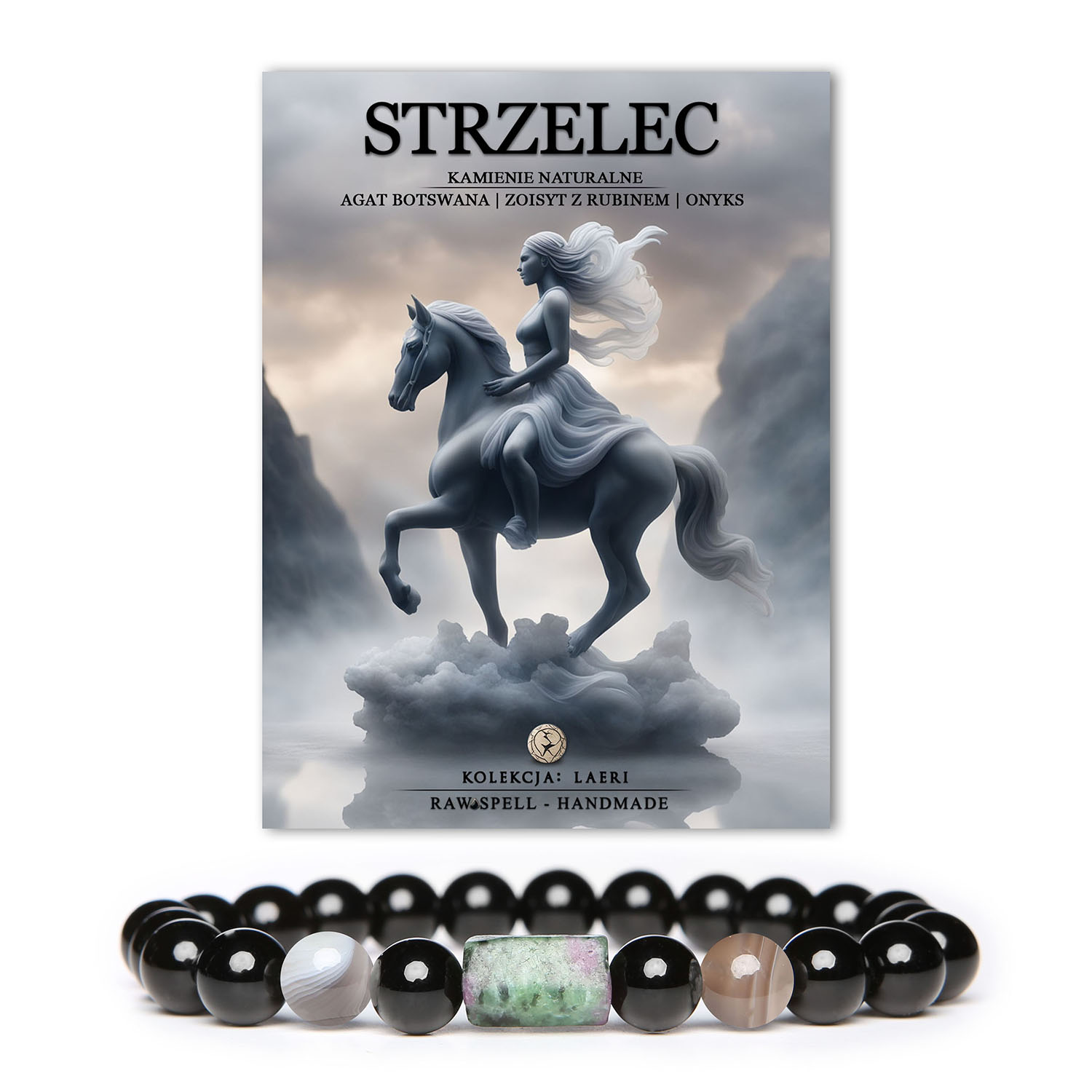 Bransoletka na gumce z kamieniami naturalnymi - Strzelec Zodiak, Kolekcja Laeri, z agatem, zoizytem, rubinem i onykiem