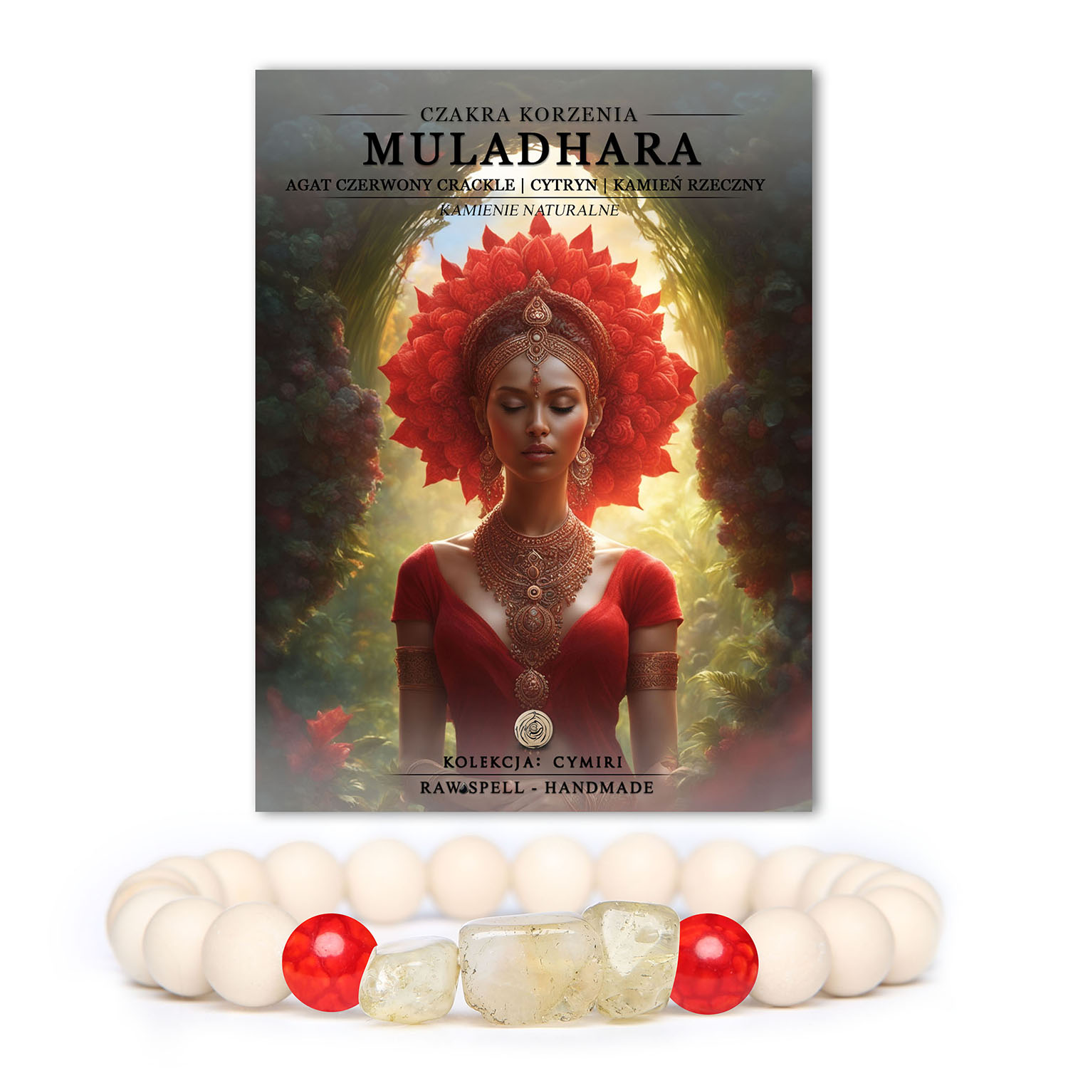 Bransoletka z naturalnych kamieni: czakra korzenia Muladhara, agat czerwony crackle i cytryn, symbolizująca stabilność i siłę życiową.