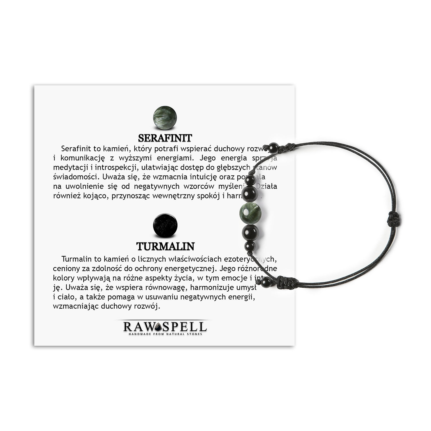Stylowa bransoletka Garie na sznurku, wykonana z serafinitu i turmalinu dla każdego Bransoletka z kolekcji Garie, wykonana z naturalnych kamieni: serafinitu i turmalinu, idealna dla kobiet i mężczyzn.