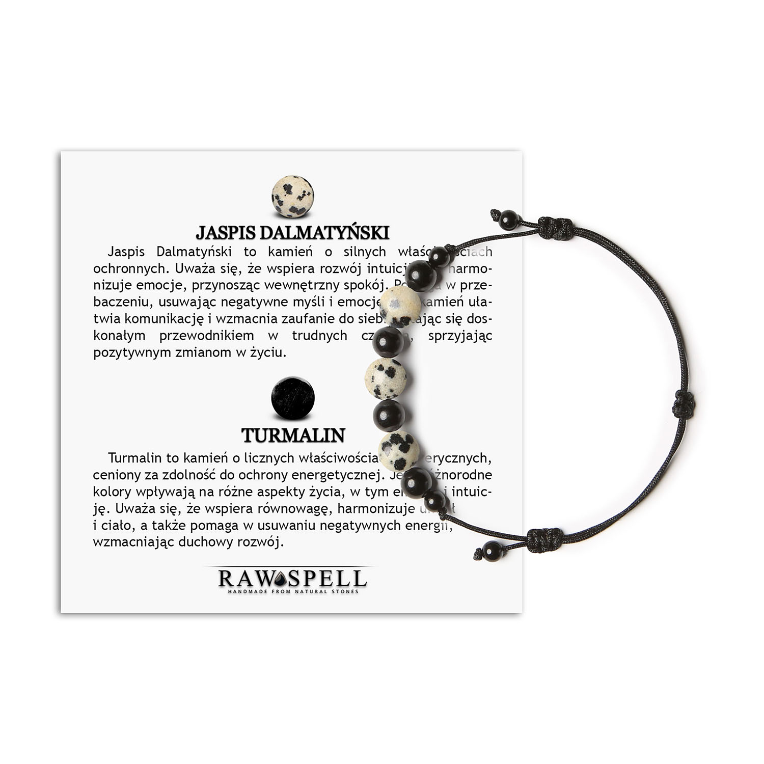 Stylowa bransoletka Haka z Jaspisem Dalmatyńskim i Turmalinem, idealna dla kobiet i mężczyzn Bransoletka z kolekcji Haka wykonana z kamieni naturalnych, w tym jaspisu dalmatyńskiego i turmalinu, idealna dla kobiet i mężczyzn.