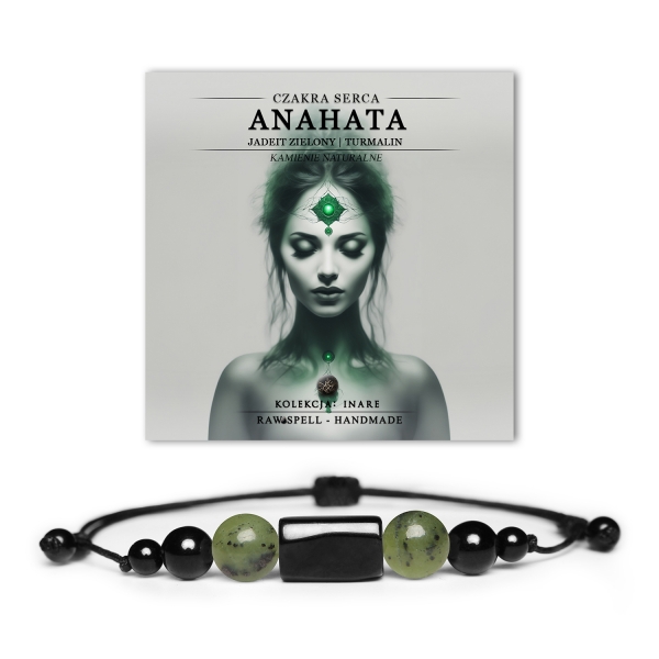 Bransoletka z naturalnych kamieni: czakra serca Anahata, jadeit zielony, turmalin i bryłka turmalinu, doskonała do medytacji i harmonii.