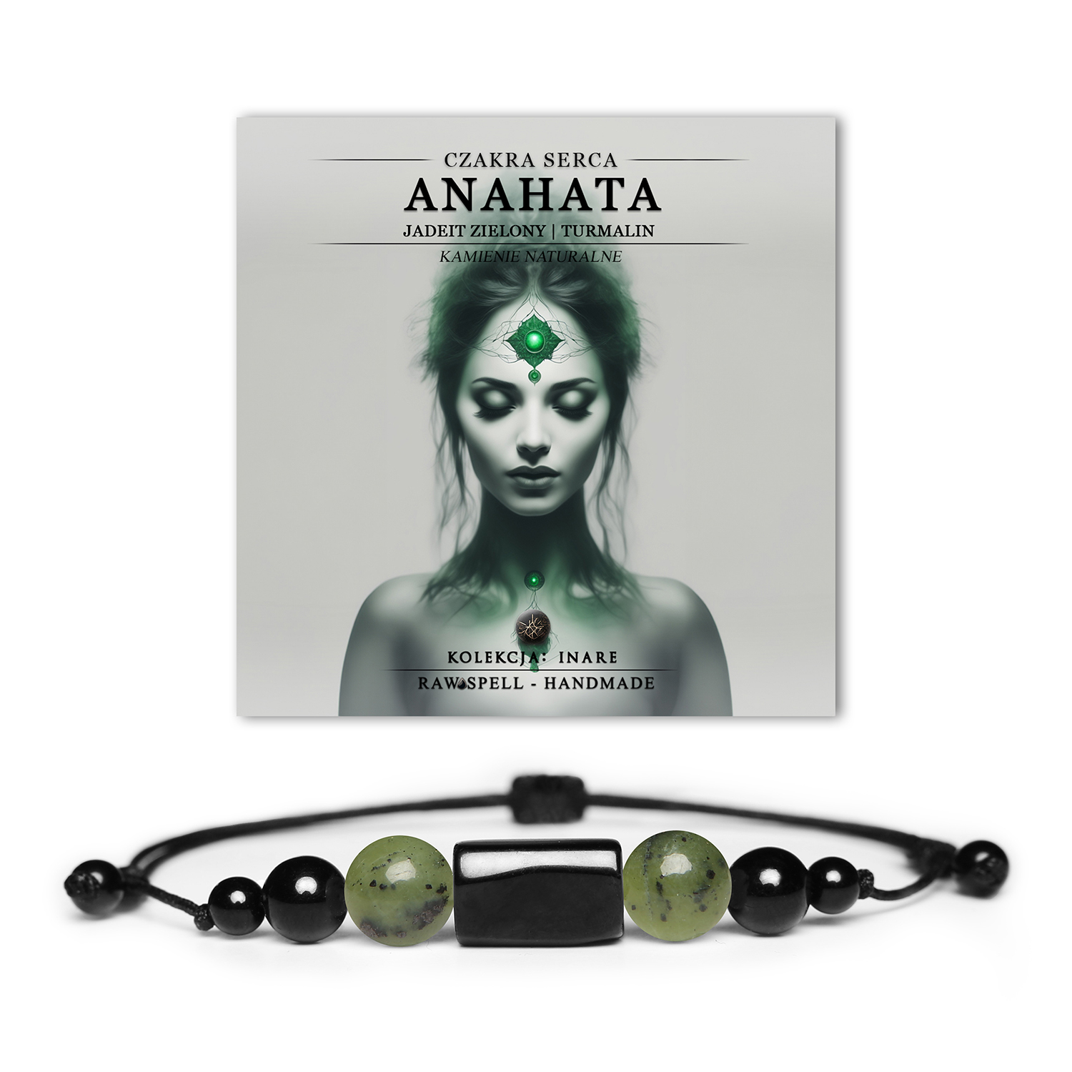Bransoletka z naturalnych kamieni: czakra serca Anahata, jadeit zielony, turmalin i bryłka turmalinu, doskonała do medytacji i harmonii.