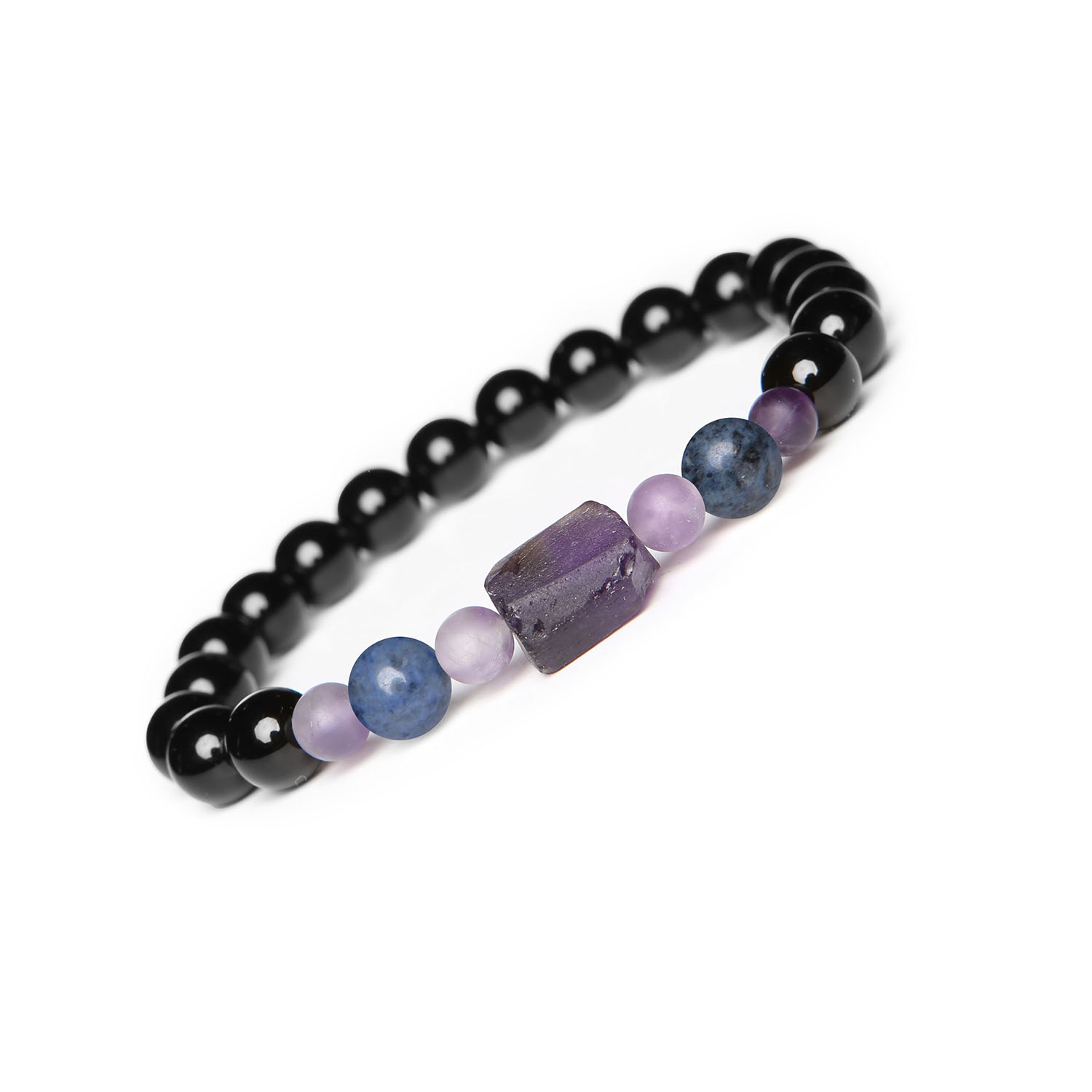 Stylowa bransoletka Kema z dumortierytem, ametystem i onyksem, idealna dla kobiet i mężczyzn Bransoletka z kolekcji Kema wykonana z naturalnych kamieni: dumortierytu, ametystu i onyksu, idealna dla kobiet i mężczyzn.