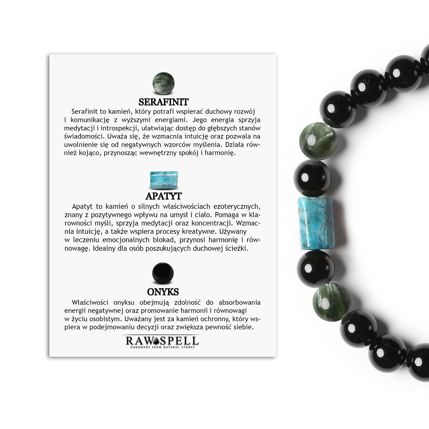 Stylowa bransoletka Laeri na gumce z serafinitu, apatytu i onyksu, idealna dla kobiet i mężczyzn Stylowa bransoletka Laeri wykonana z kamieni naturalnych: serafinit, apatyt i onyks, dedykowana zarówno kobietom, jak i mężczyznom.