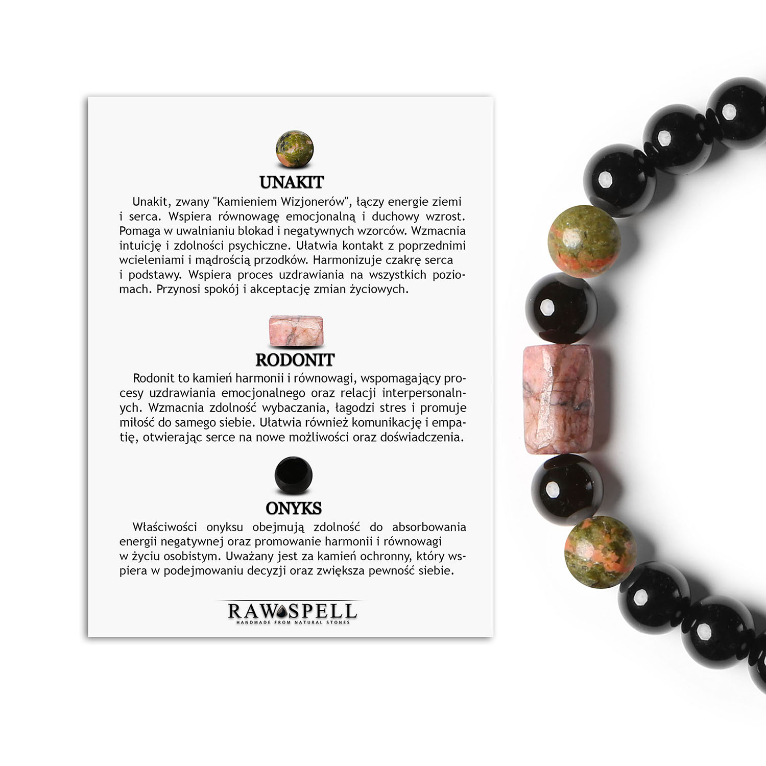 Stylowa bransoletka Laeri na sznurku z unakitem, rodonitem w kolorze różowym i onyksami dla każdego Stylowa bransoletka Laeri z unakitem, różowym rodonitem i onyksami, stworzona z myślą o kobietach i mężczyznach.