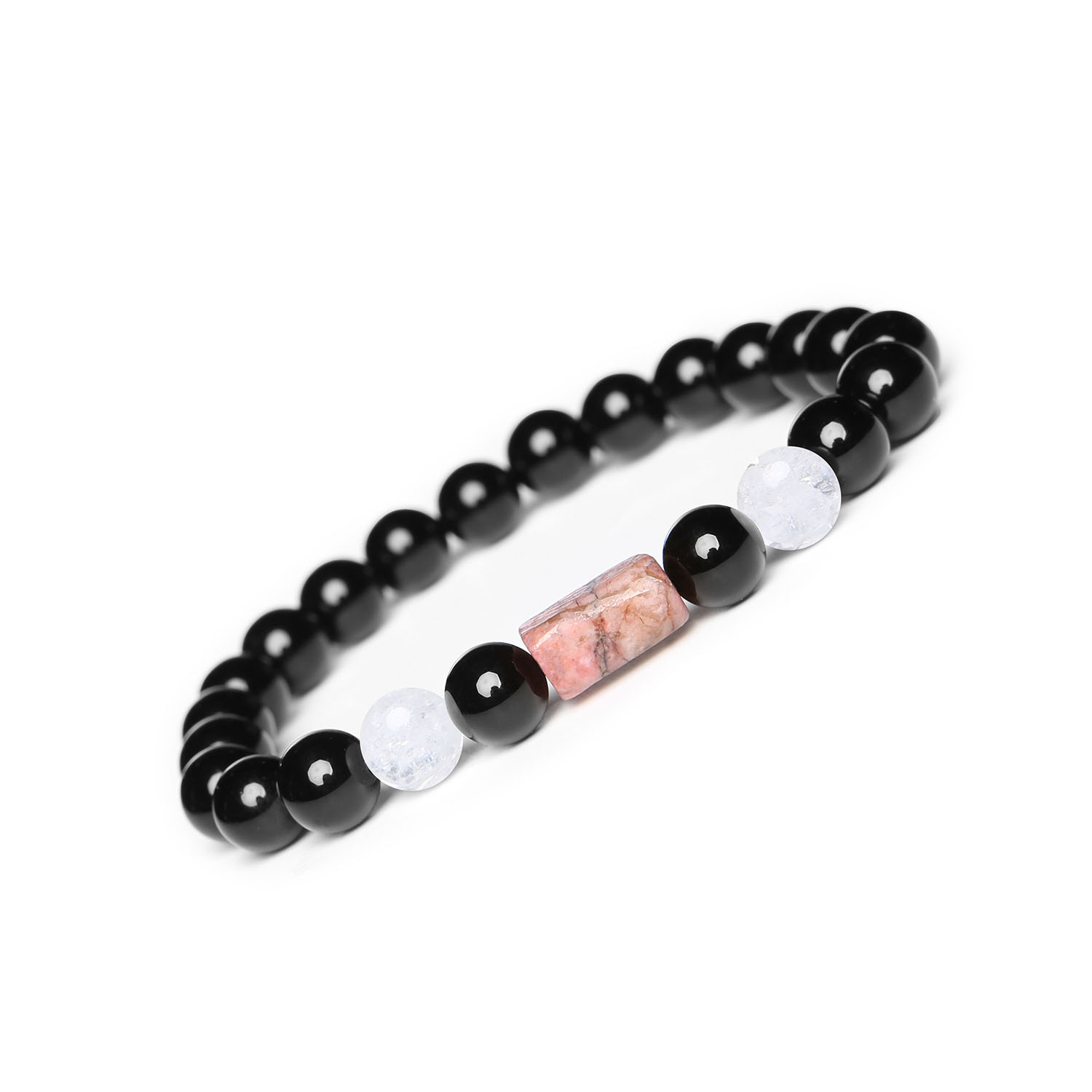 Stylowa bransoletka Laeri z Kryształem Górskim Lodowym, różowym Rodonitem i Onyksami uniwersalna dla każdego Elegancka bransoletka z kolekcji Laeri, występująca w kamieniach naturalnych: Kryształ Górski Lodowy, różowy Rodonit, Onyks - unisex.