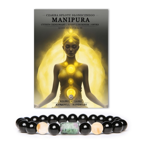 Bransoletka z naturalnych kamieni: czakra splotu słonecznego Manipura, cytryn cieniowany, zoisyt z rubinem i onyks w kolekcji Laeri.