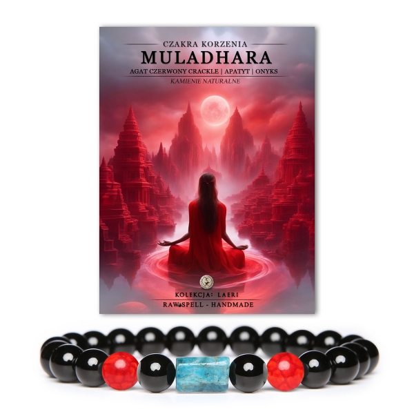 Bransoletka z naturalnych kamieni: czerwony agat crackle oraz elementy z apatytu i onyksu, symbolizująca czakrę korzenia Muladhara w kolekcji Laeri.