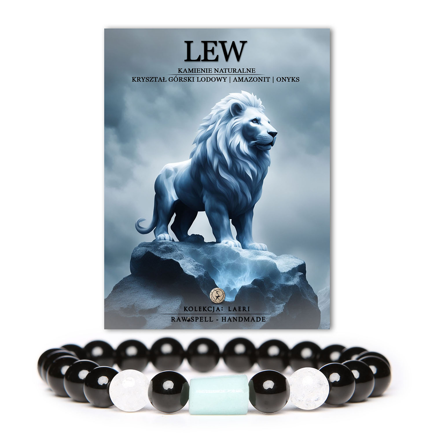 Bransoletka na gumce z naturalnych kamieni, w tym Kryształu Górskiego, Amazonitu i Onyksu - wyjątkowy dodatek dla Lwa, z kolekcji Laeri.