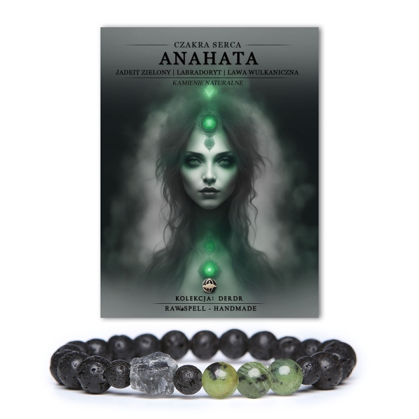 Bransoletka z naturalnych kamieni: czakra serca Anahata, jadeit zielony, labradoryt i lawa wulkaniczna z kolekcji Derdr, idealna na każdą okazję.